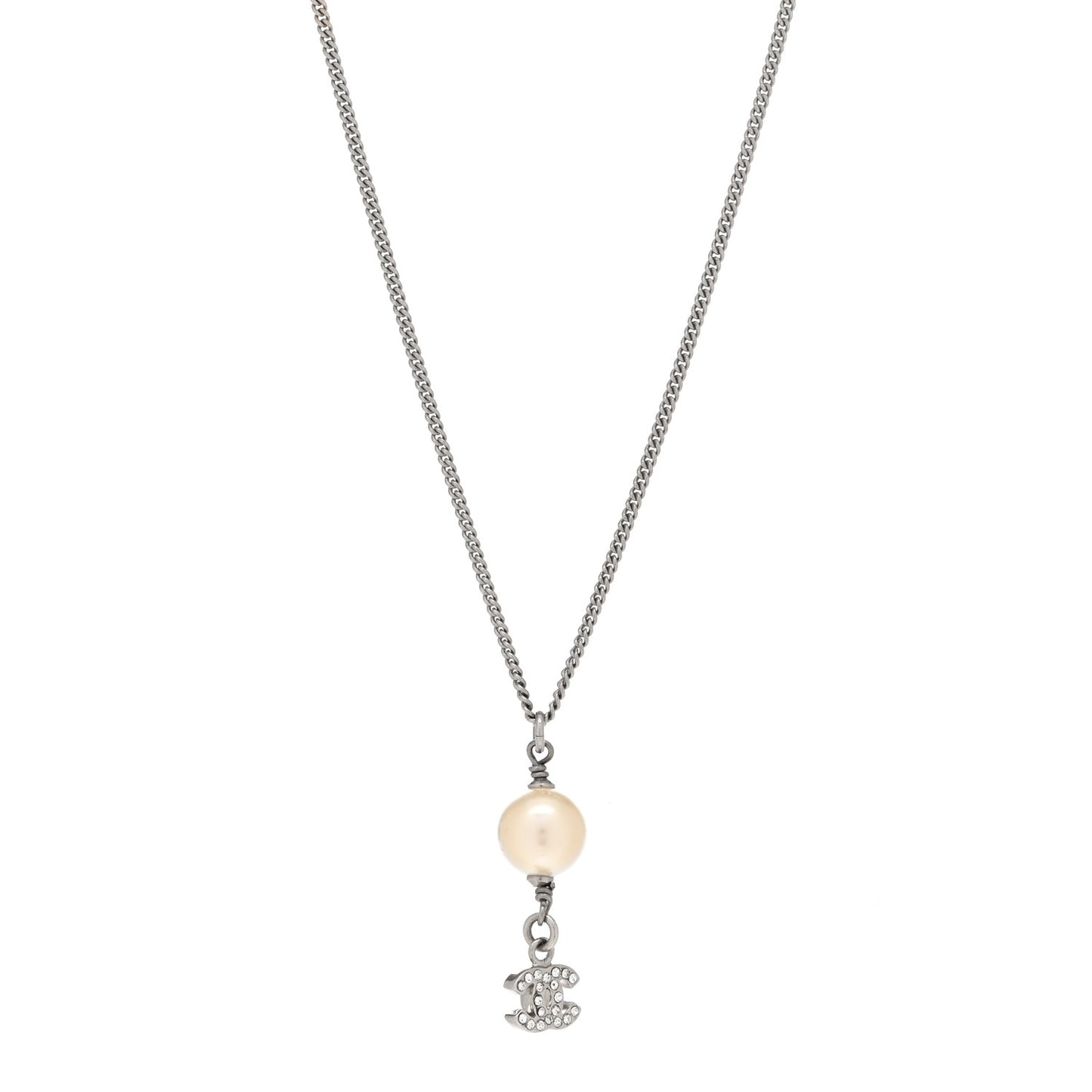 Pearl Crystal CC Drop Necklace Silver