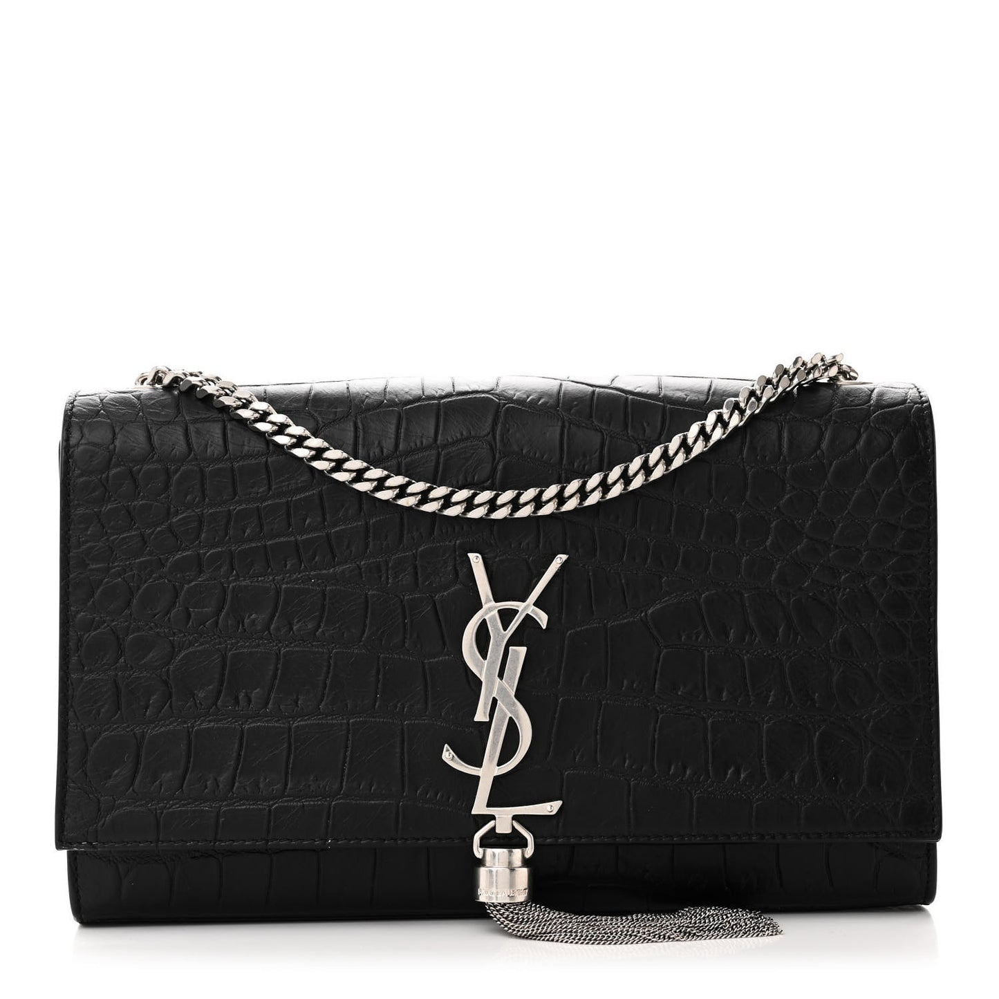 Calfskin Crocodile Embossed Medium Classic Monogram Kate Tassel Satchel Black