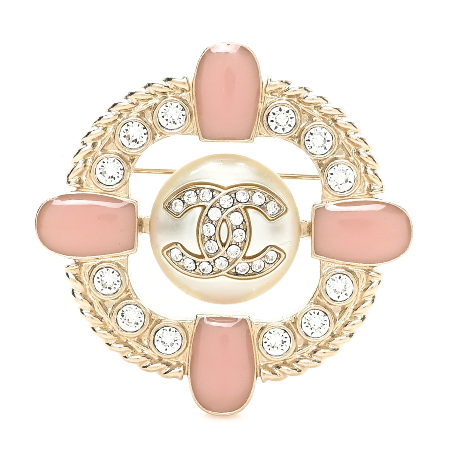Chanel Crystal Pearl Enamel CC Brooch Gold Pink 1 of 4