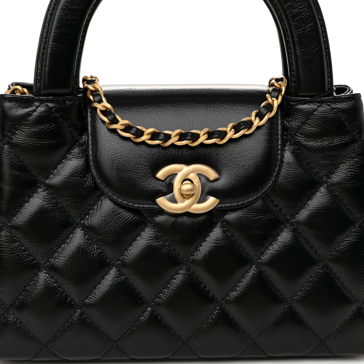Shiny Aged Calfskin Quilted Nano Kelly Shopper Black
