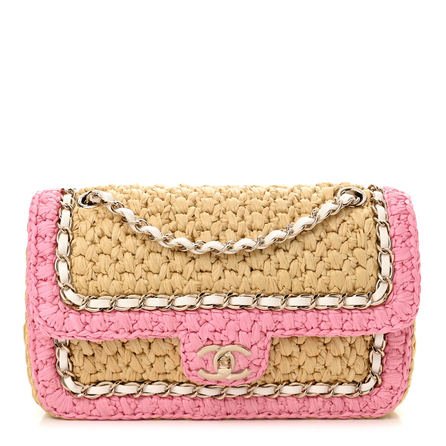 Chanel Raffia Chain Venice Beach Flap Bag Beige Pink 1582392
