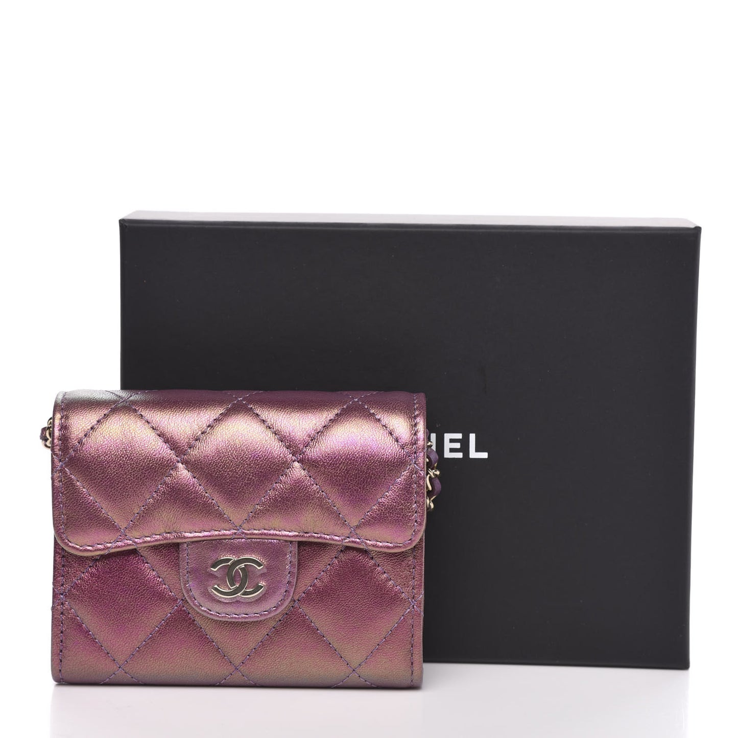 Iridescent Lambskin Quilted Flap Card Holder On Chain Purple