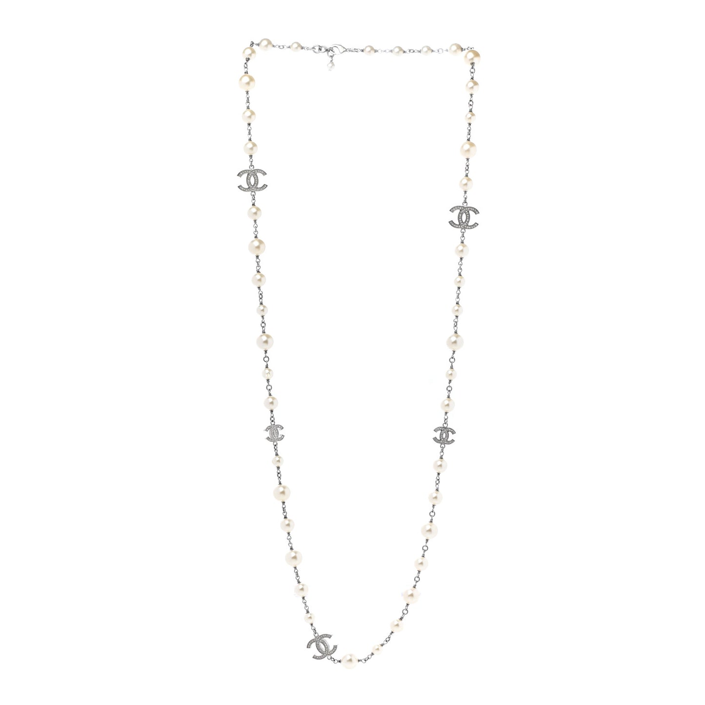 Graduated Pearl Crystal CC Long Necklace Silver