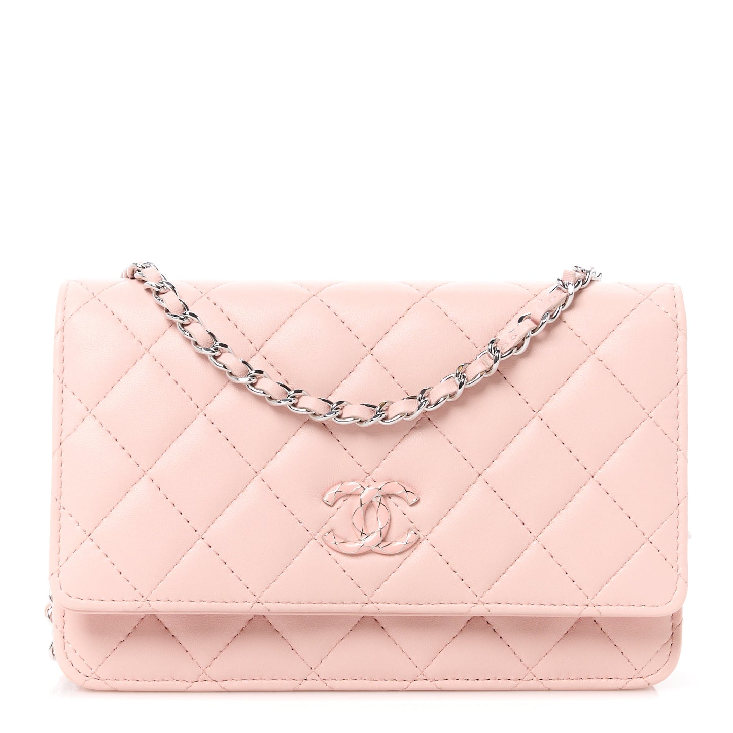 Calfskin Enamel Quilted CC Wallet On Chain WOC Pink