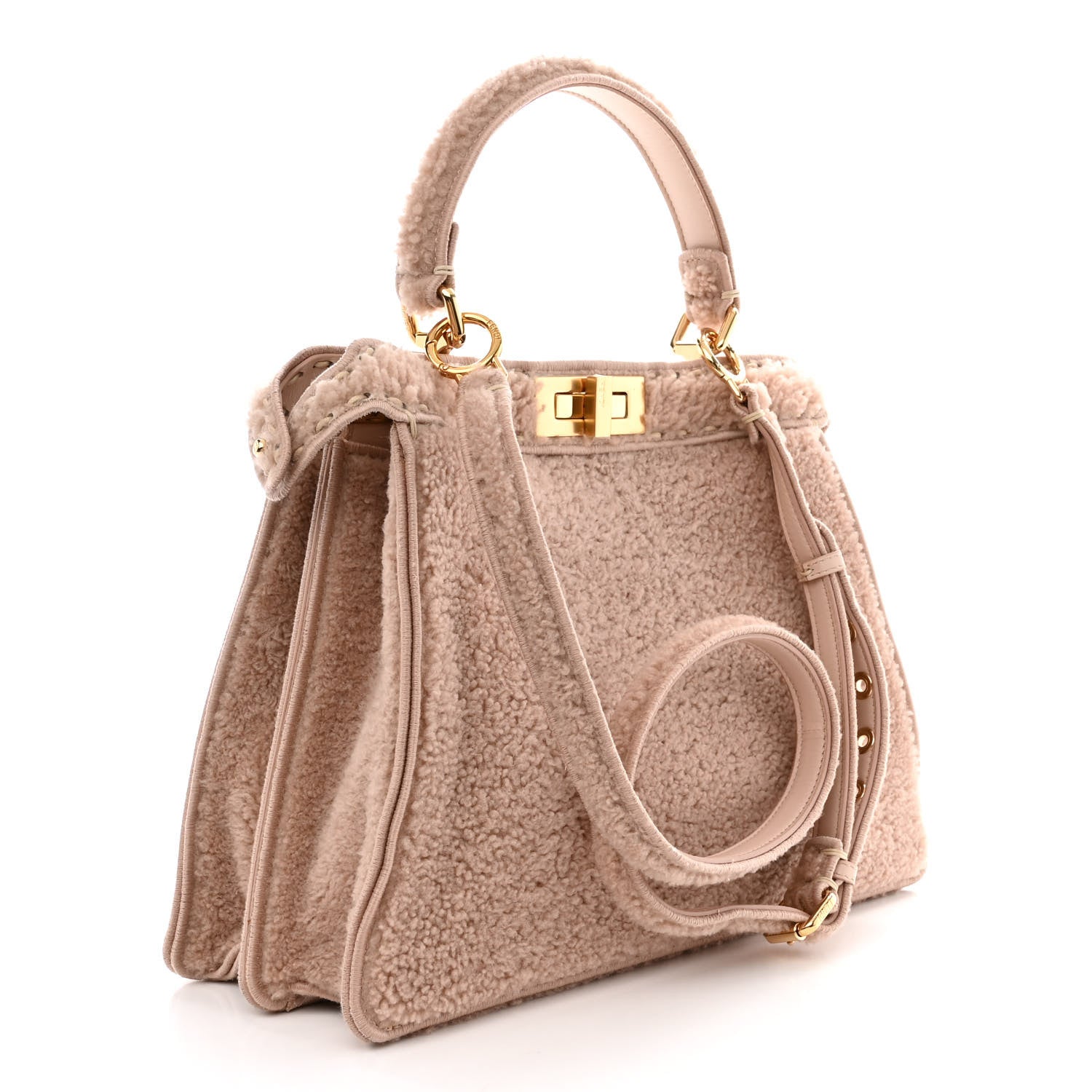 Fendi Curly Shearling Shiny Nappa Medium Peekaboo I SEE U Satchel Rosa Plaster 3 of 12