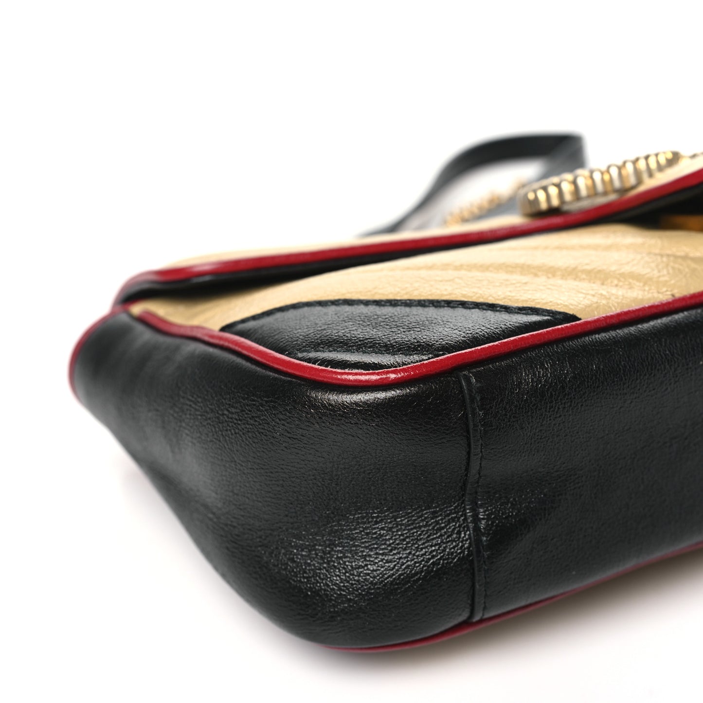 Vintage Effect Calfskin Matelasse Diagonal Striped Small Torchon GG Marmont Shoulder Bag Black Beige