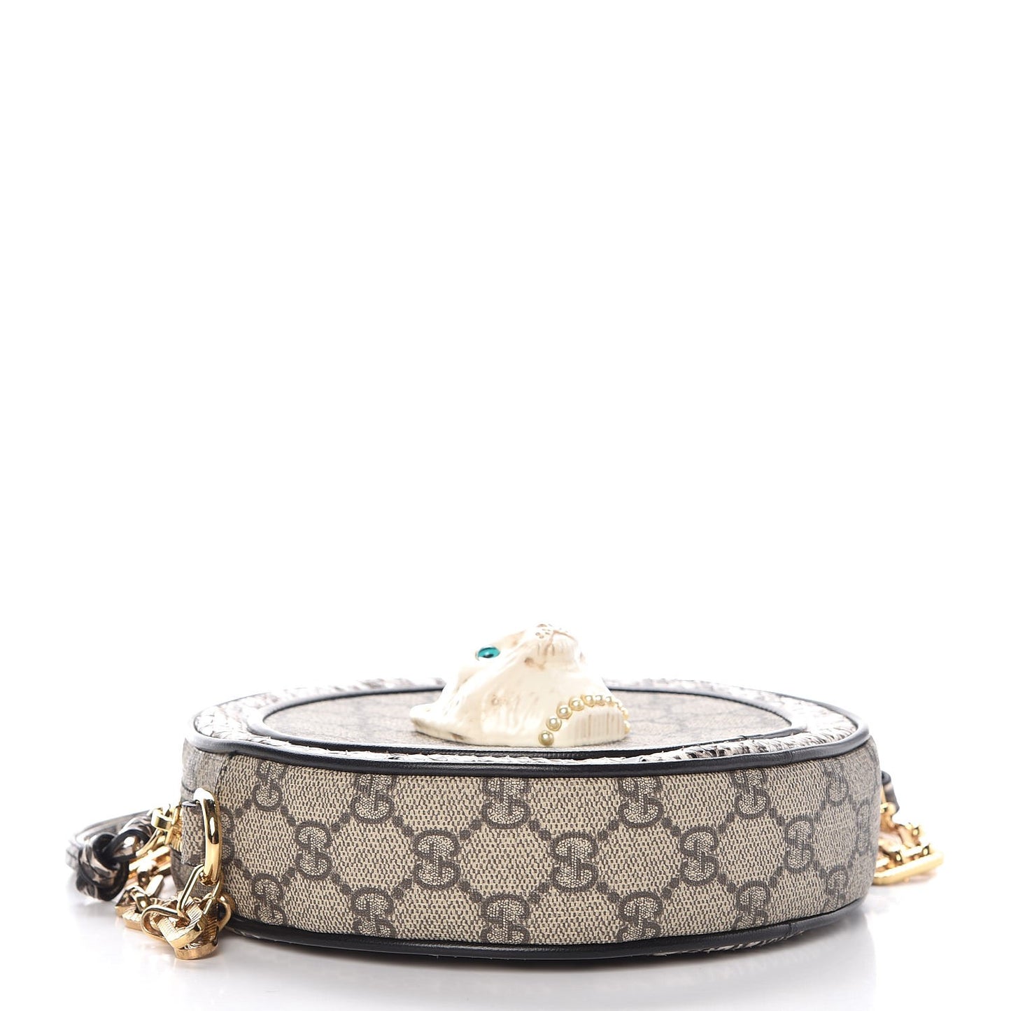 GG Supreme Monogram Patchwork Cat Round Shoulder Bag White Beige