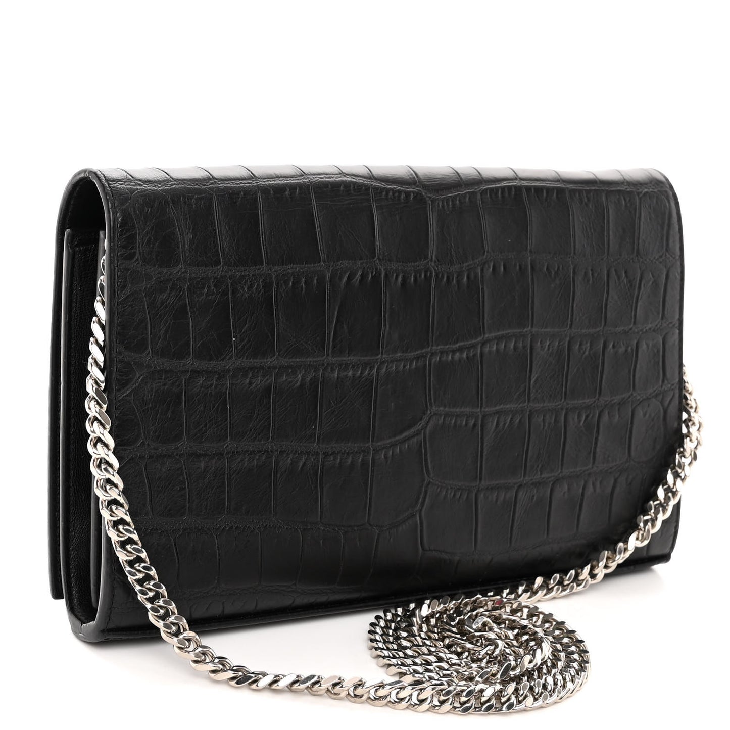 Calfskin Crocodile Embossed Monogram Chain Wallet Black