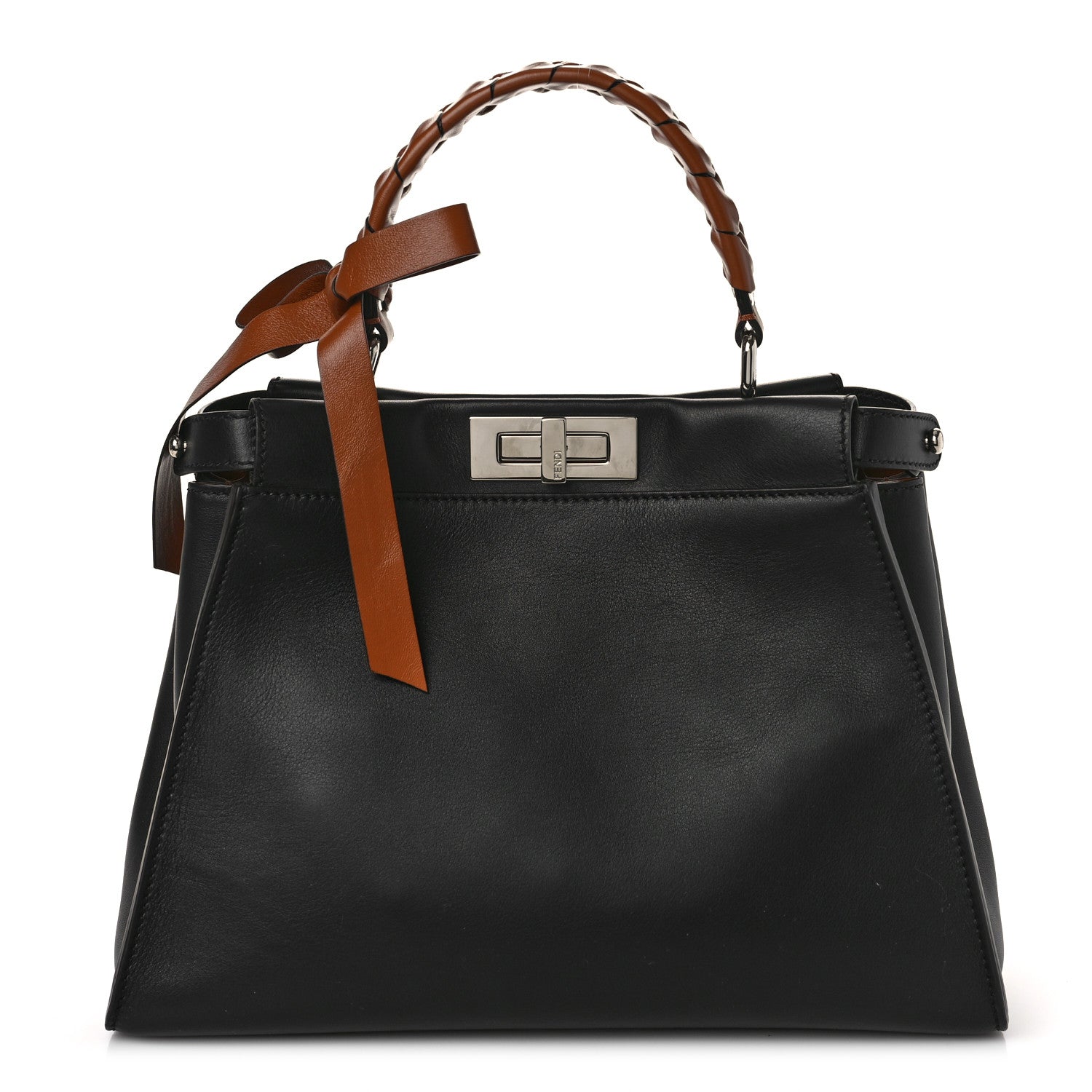 Fendi Vitello Seta Nappa Ribbon Medium Peekaboo Iconic Satchel Black Corteccia 1 of 9