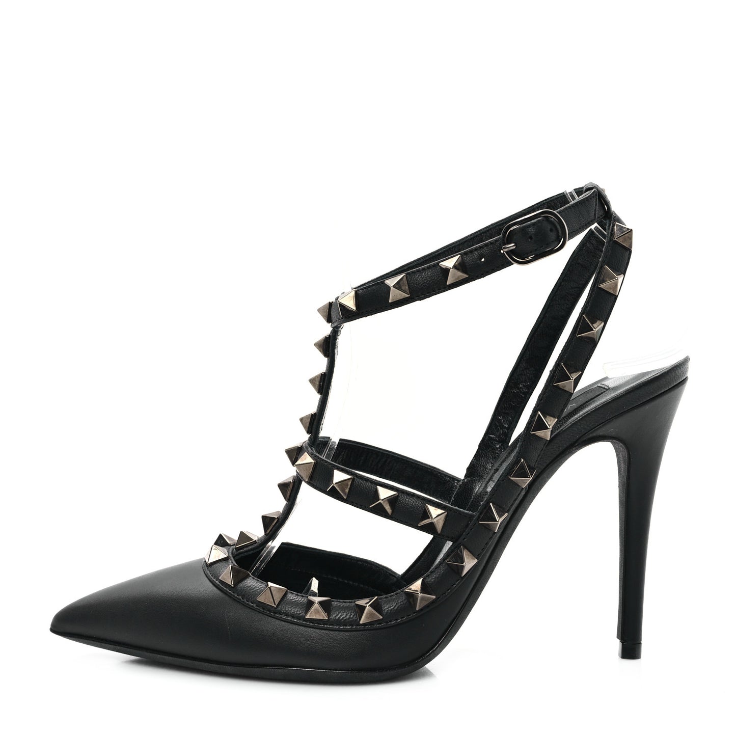 Calfskin Nappa Rockstud Ankle Strap 100mm Pumps 36.5 Black