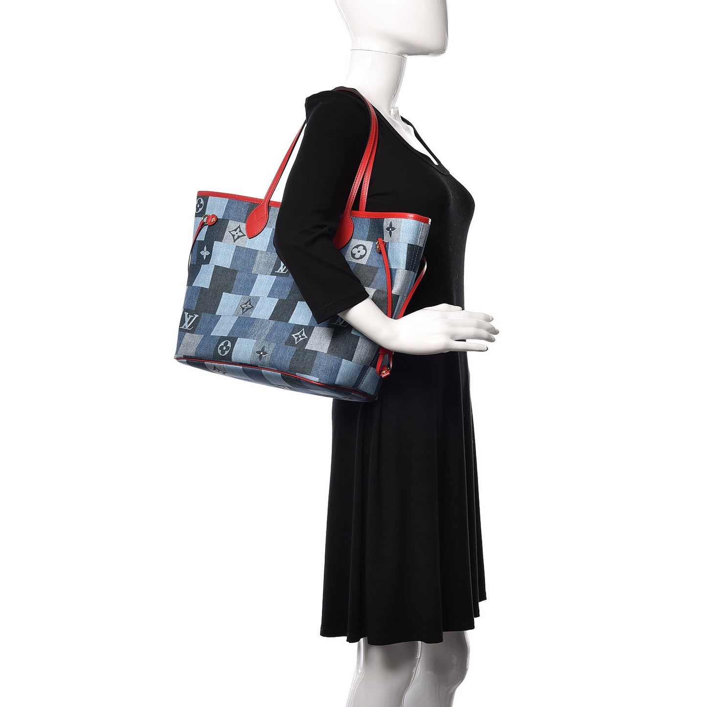 Denim Damier Monogram Patchwork Neverfull Blue Rouge