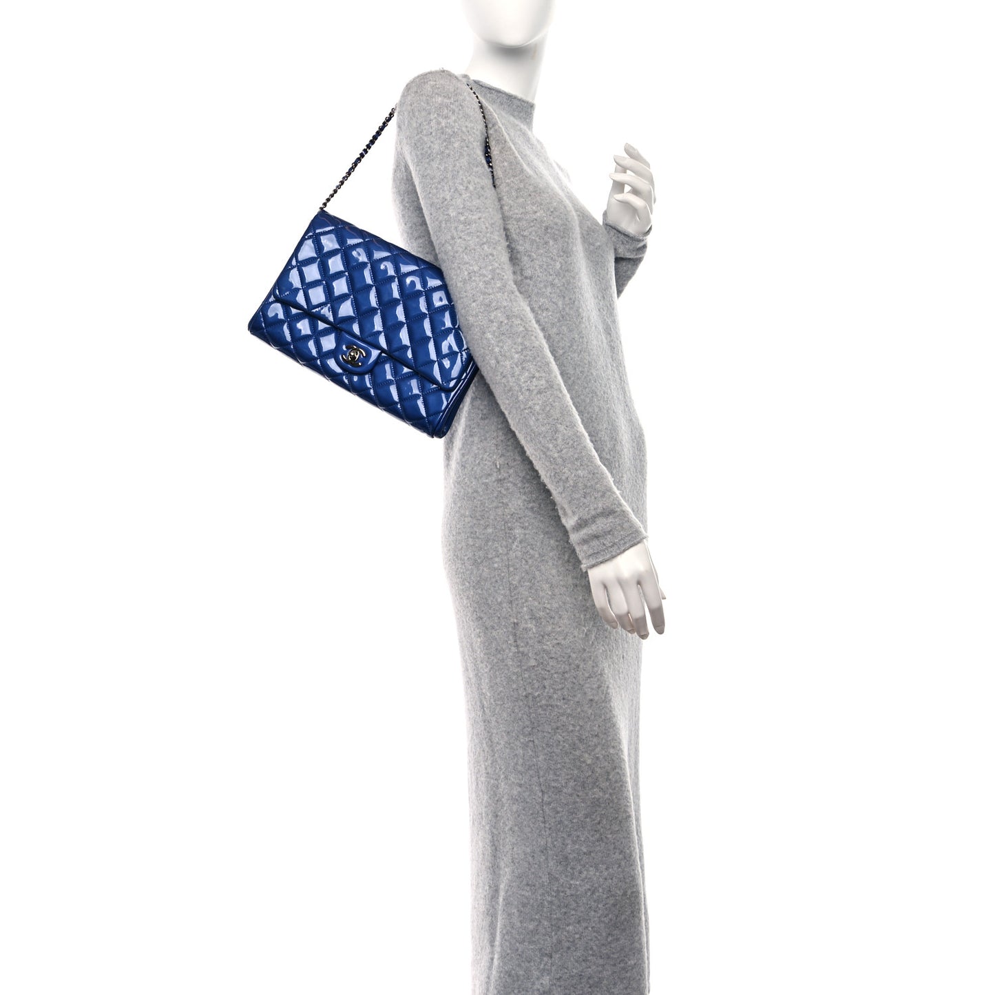 Patent Quilted Clutch with Chain Flap Blue