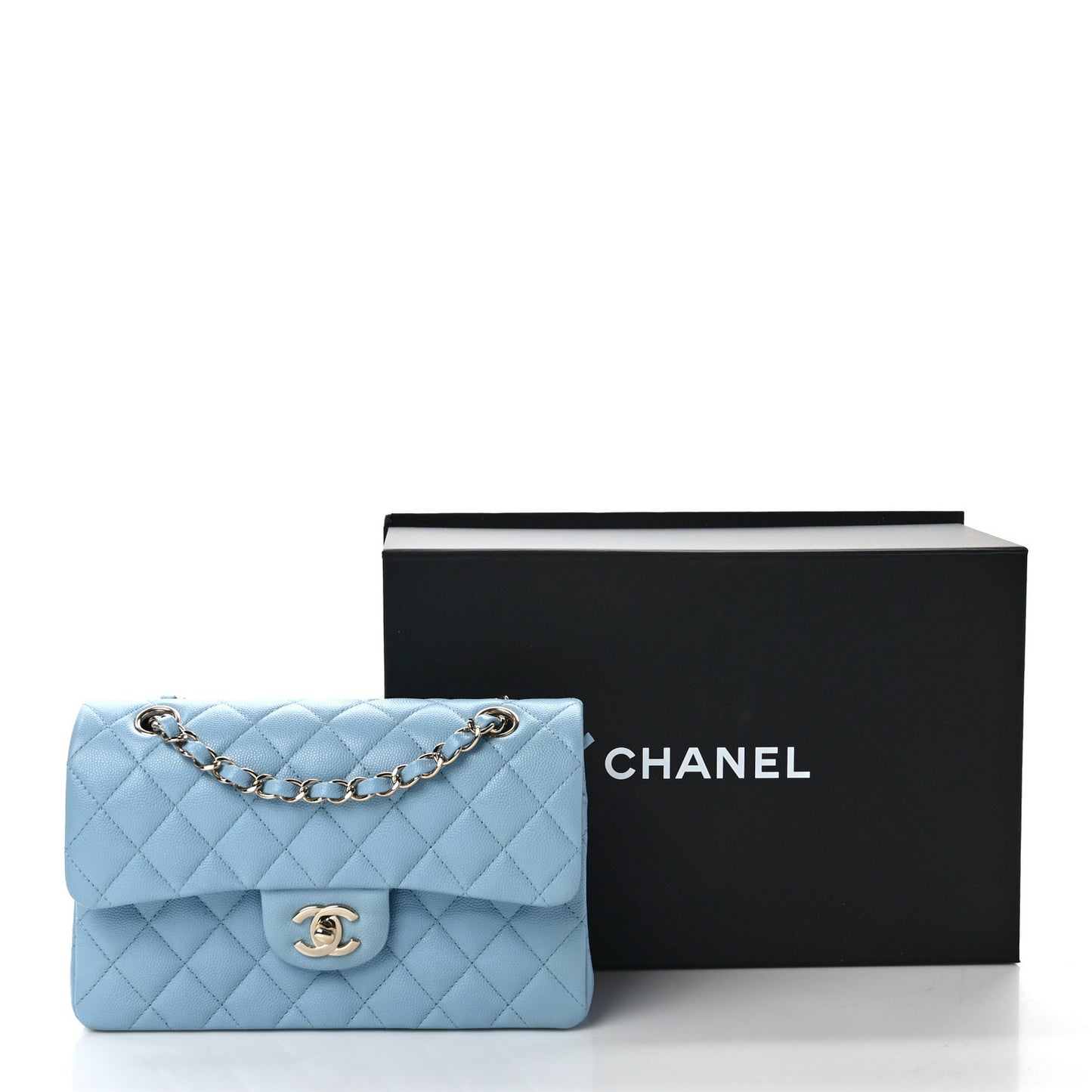 Caviar Quilted Small Double Flap Light Blue