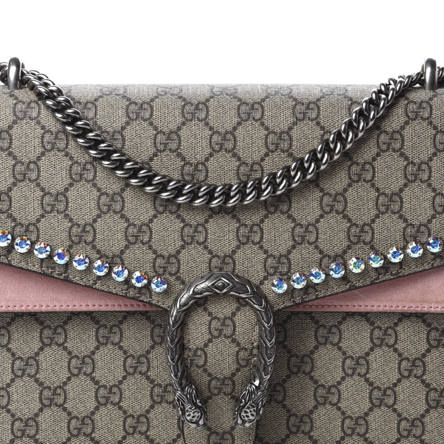 GG Supreme Monogram Suede Crystal Medium Dionysus Shoulder Bag Beige Ebony Light Peonia