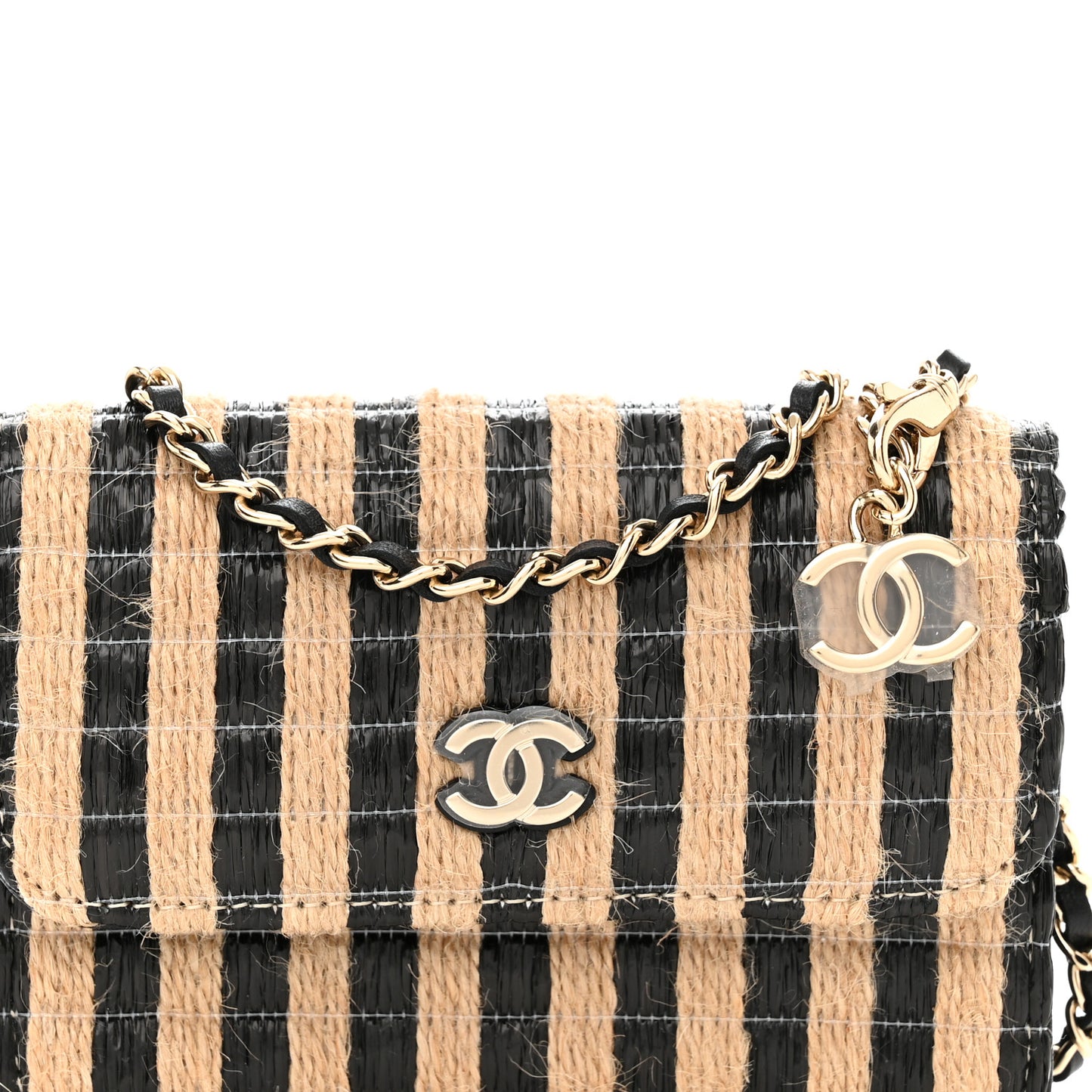 Raffia Jute Striped Belt Bag Black Beige