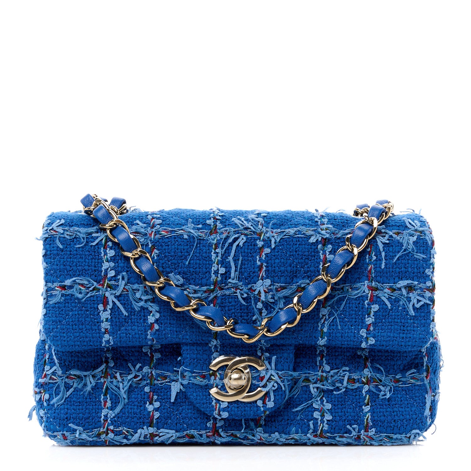 Chanel Tweed Quilted Mini Rectangular Flap Blue Red Khaki 1 of 12