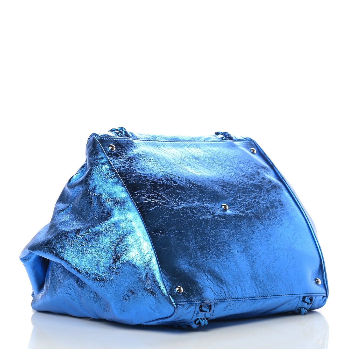 Metallic Cracked Calfskin Modern Chain Tote Blue