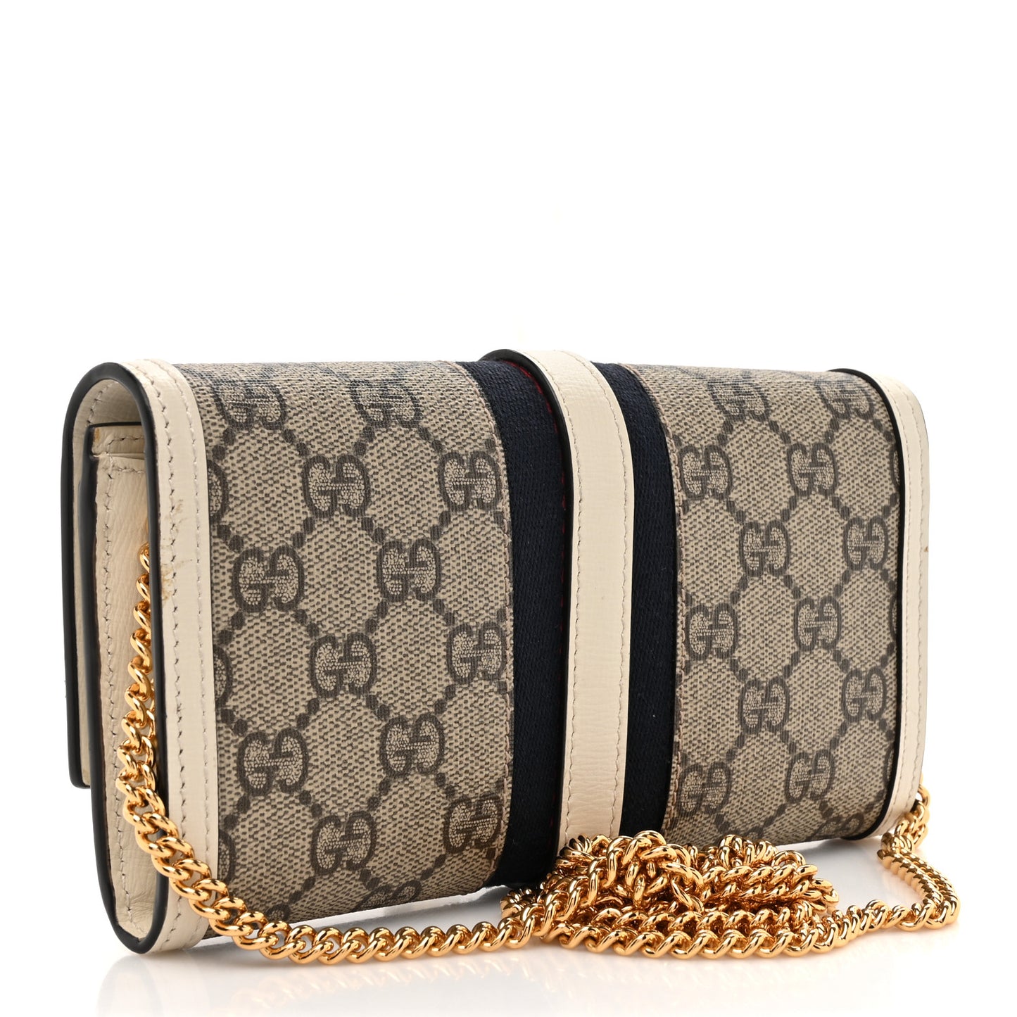 GG Supreme Monogram Textured Calfskin Web Jackie 1961 Chain Wallet Beige Ebony Mystic White