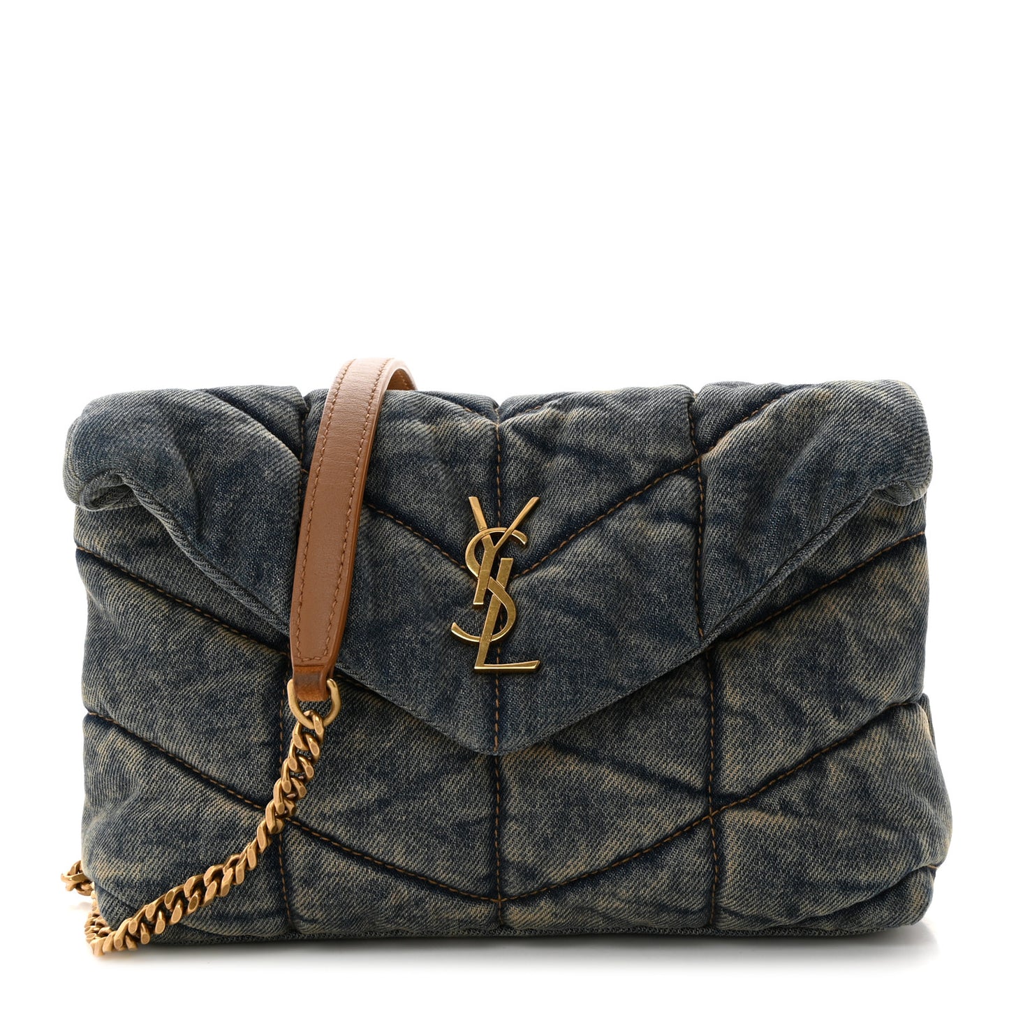 Denim Quilted Toy Loulou Puffer Monogram Chain Satchel Blue Cinnamon