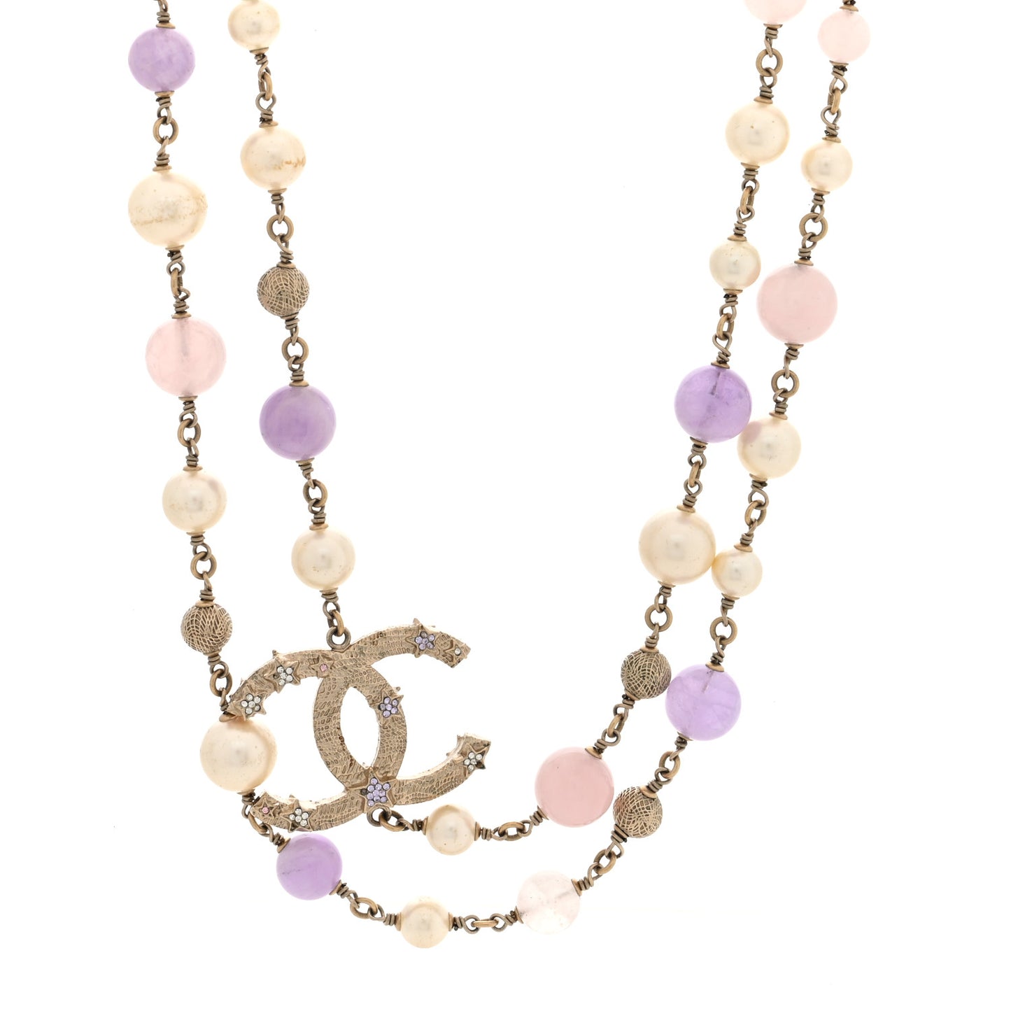 Pearl Crystal Bead CC Long Necklace Silver Purple