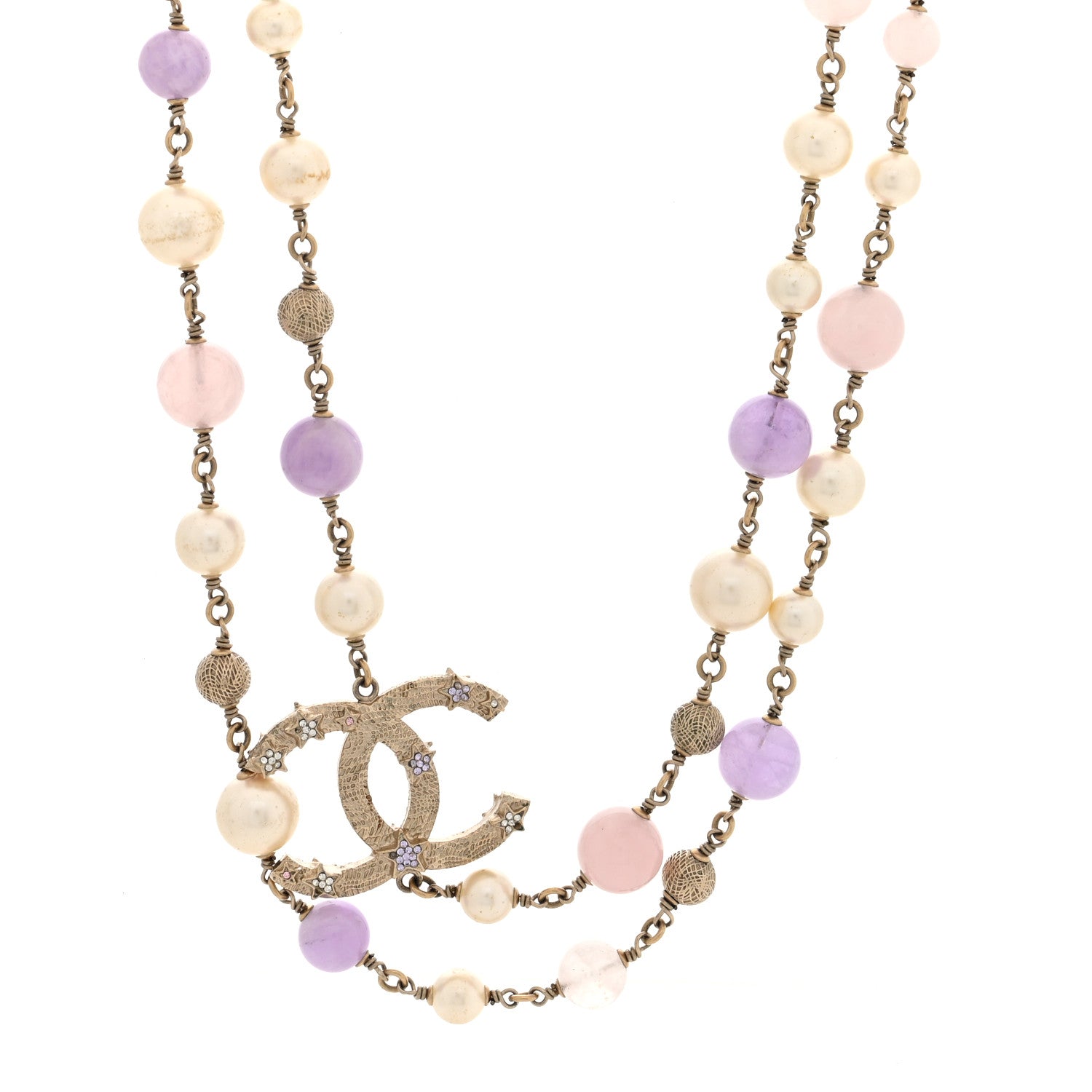 Chanel Pearl Crystal Bead CC Long Necklace Silver Purple 1 of 4