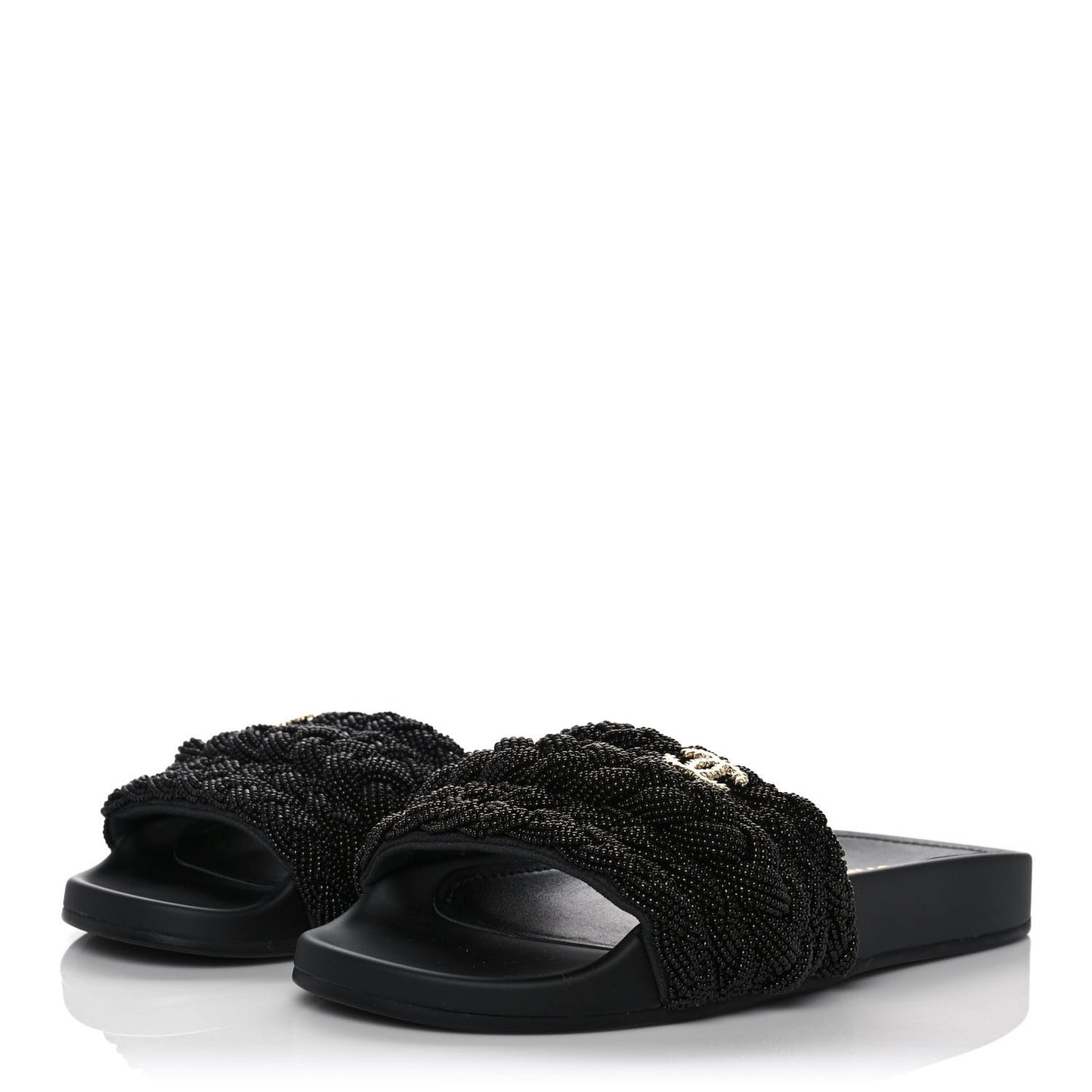Lambskin Pearl Beaded Woven Slides 38 Black