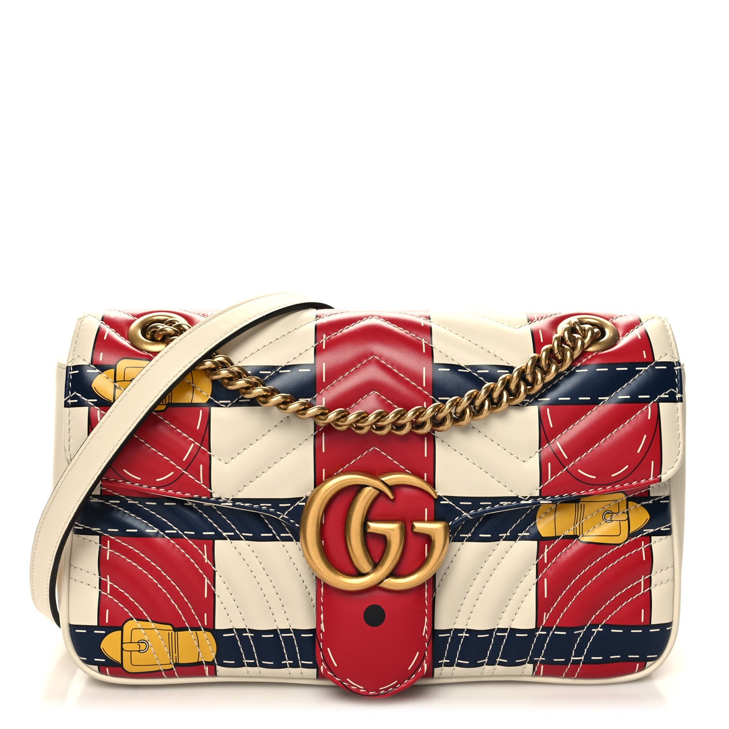 Calfskin Matelasse Trompe L'Oeil Print Small GG Marmont Shoulder Bag Mystic White Hibiscus Red Marine Giallo