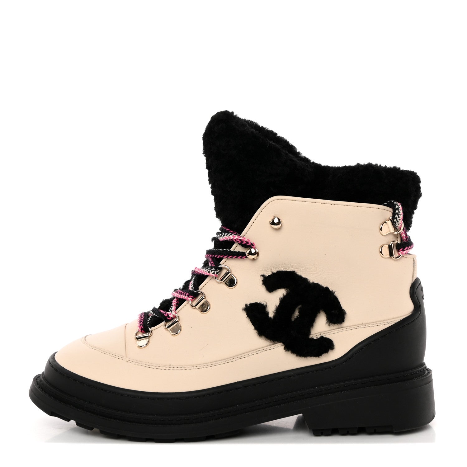 Chanel Calfskin Shearling CC Lace Up Boots 39 Black White 1 of 12