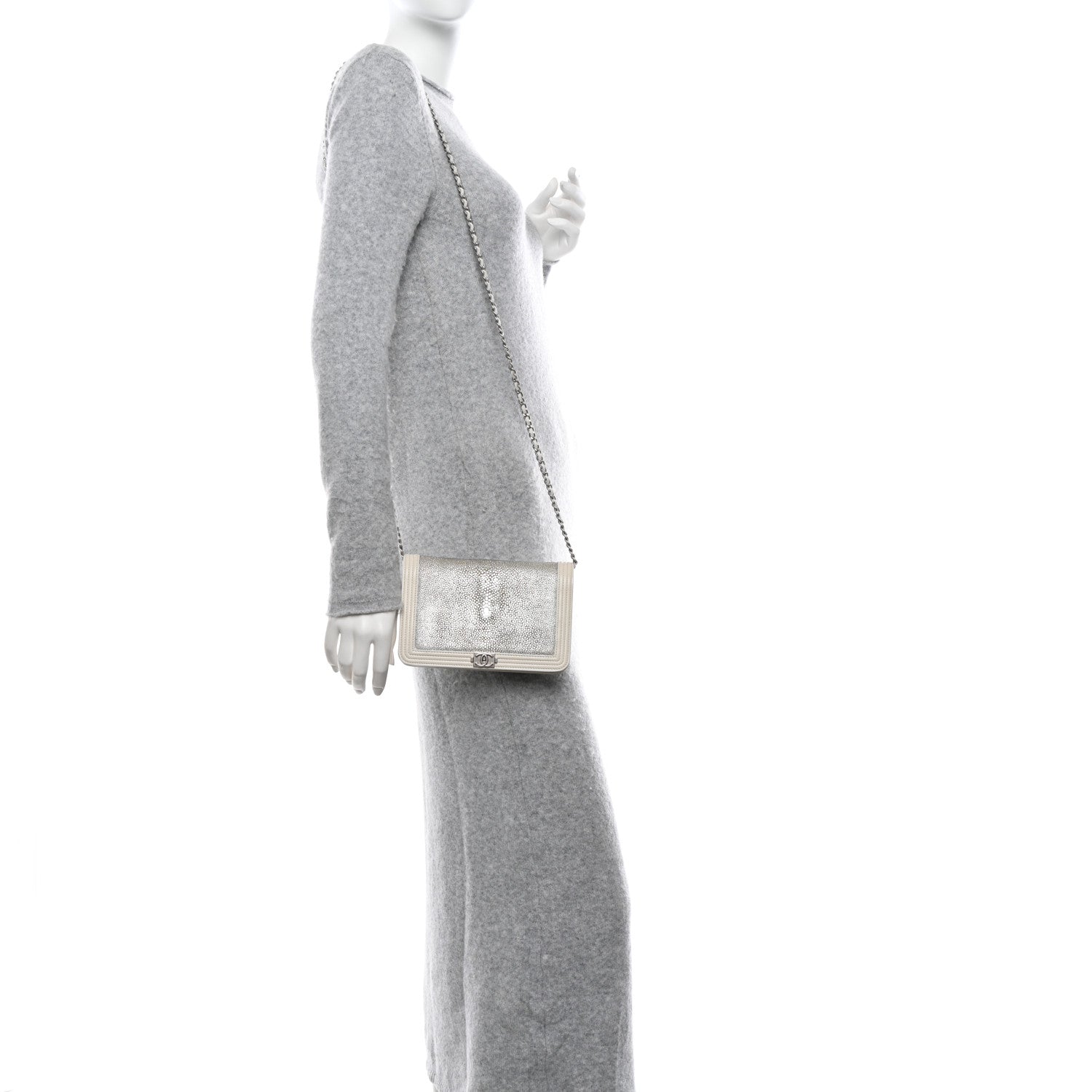 Chanel Metallic Galuchat Stingray Lambskin Boy Wallet On Chain WOC Silver 2 of 15