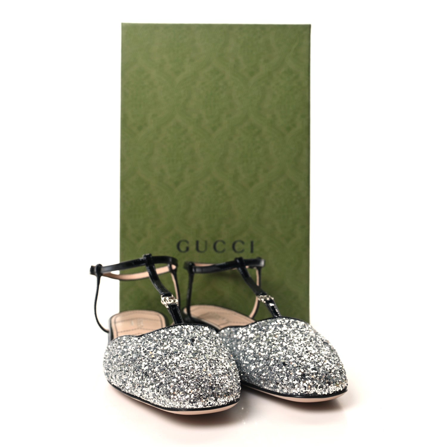 Gucci Calfskin Glitter Double G Slingback Flats 38 Silver Black 8 of 8