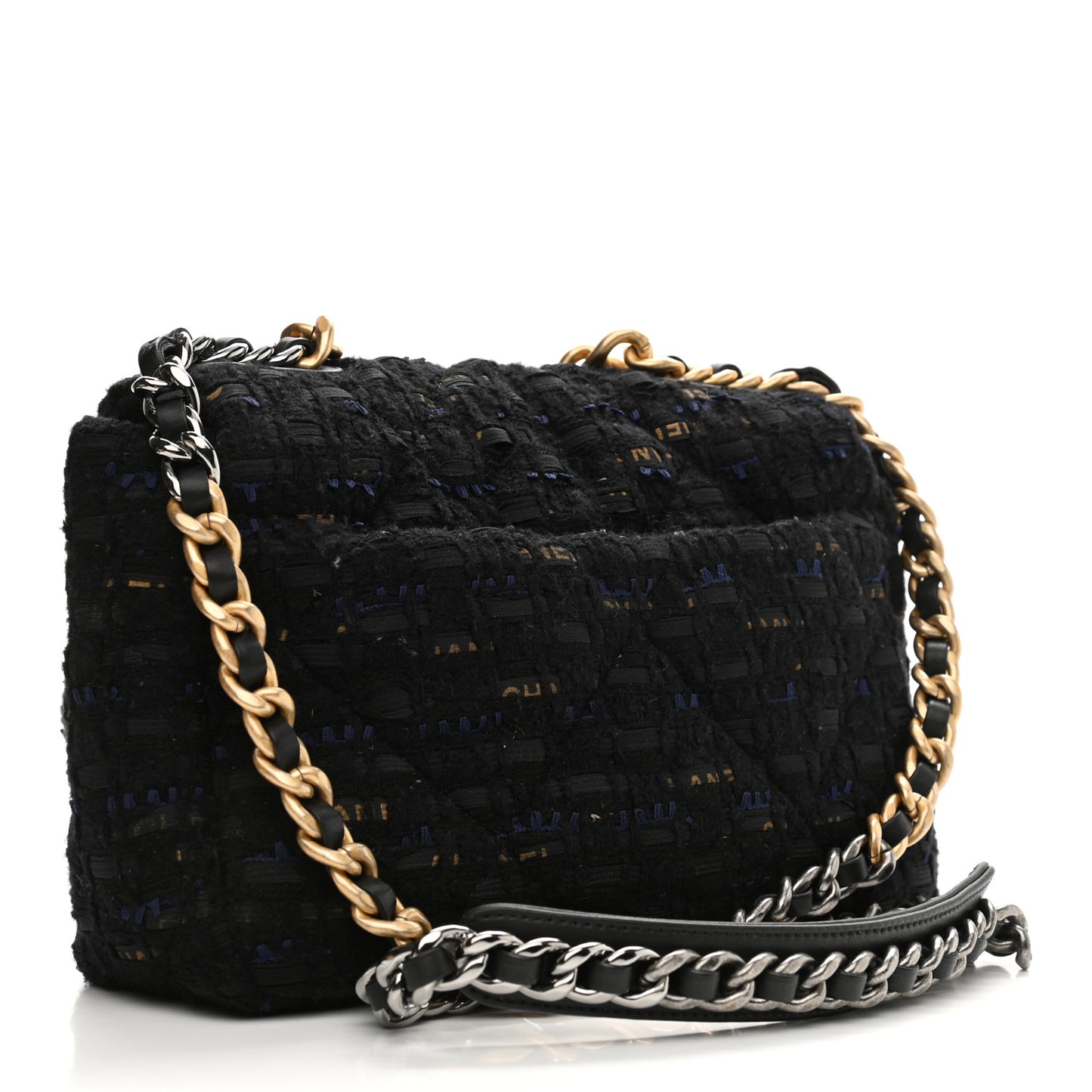 Tweed Quilted Medium Chanel 19 Flap Black Navy Gold