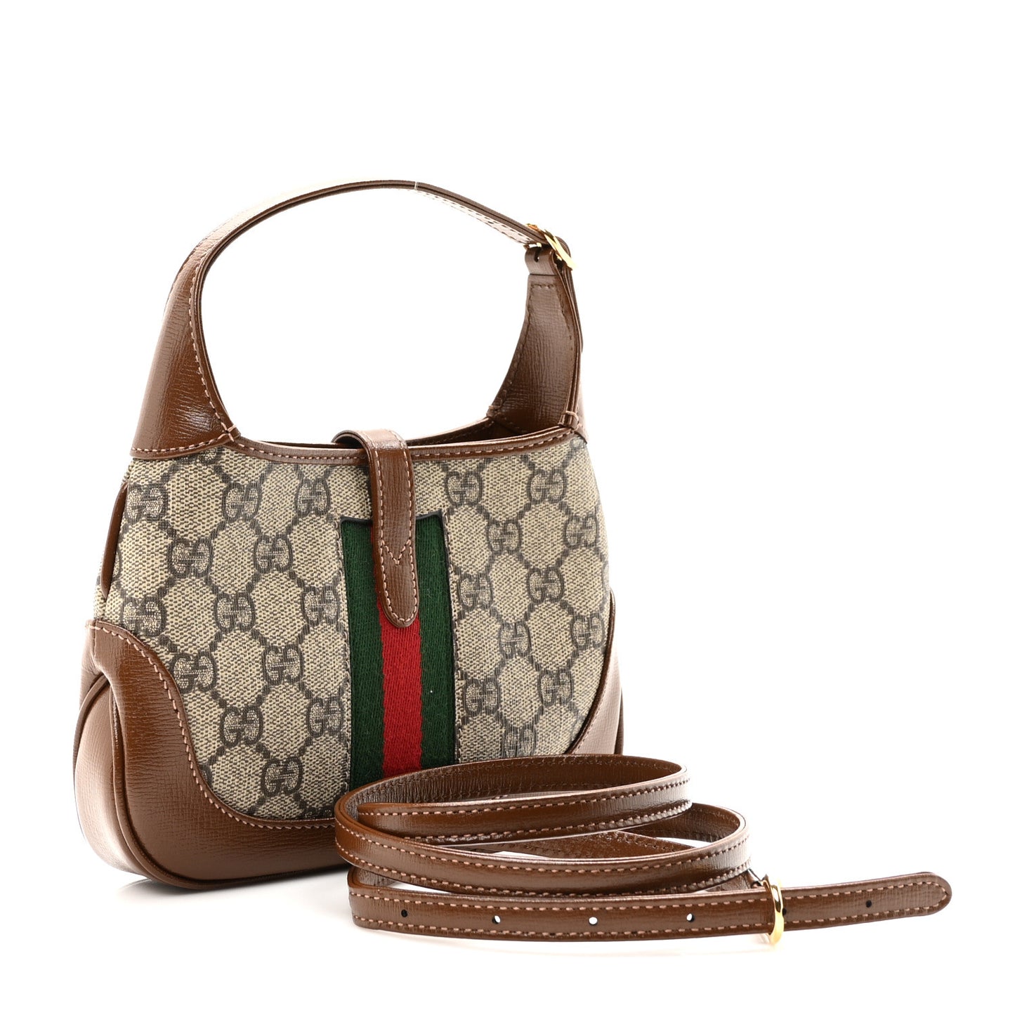 GG Supreme Monogram Azalea Calfskin Web Mini Jackie 1961 Hobo Beige Ebony Brown Sugar
