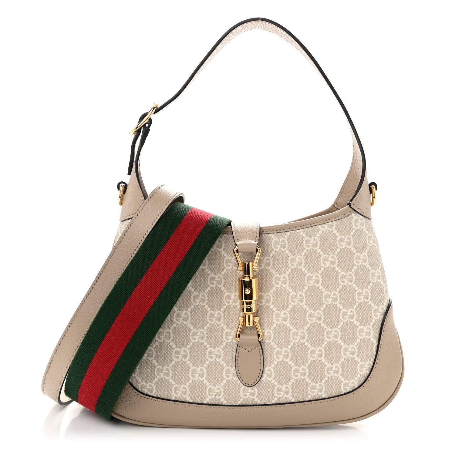 Gucci GG Supreme Monogram Textured Dollar Calfskin Web Small Jackie 1961 Hobo Beige Mystic White Oatmeal 1 of 9