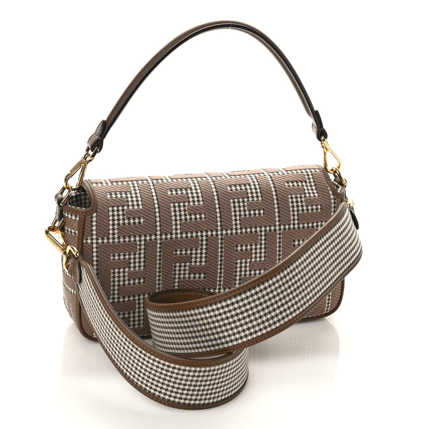 Wool Vitello King Houndstooth FF Embroidered Baguette Beige Moro