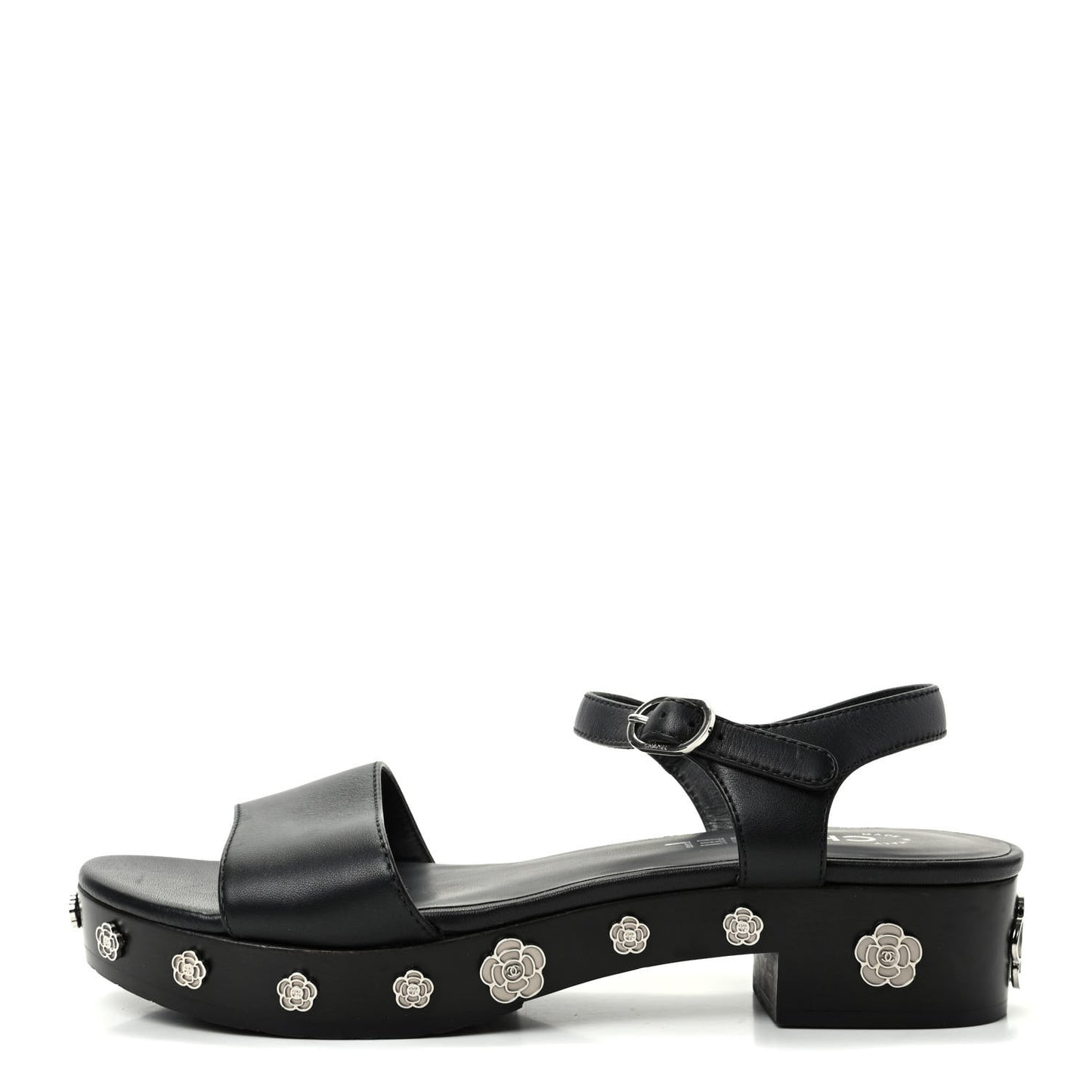 Calfskin Camellia Platform Sandals 39 Black