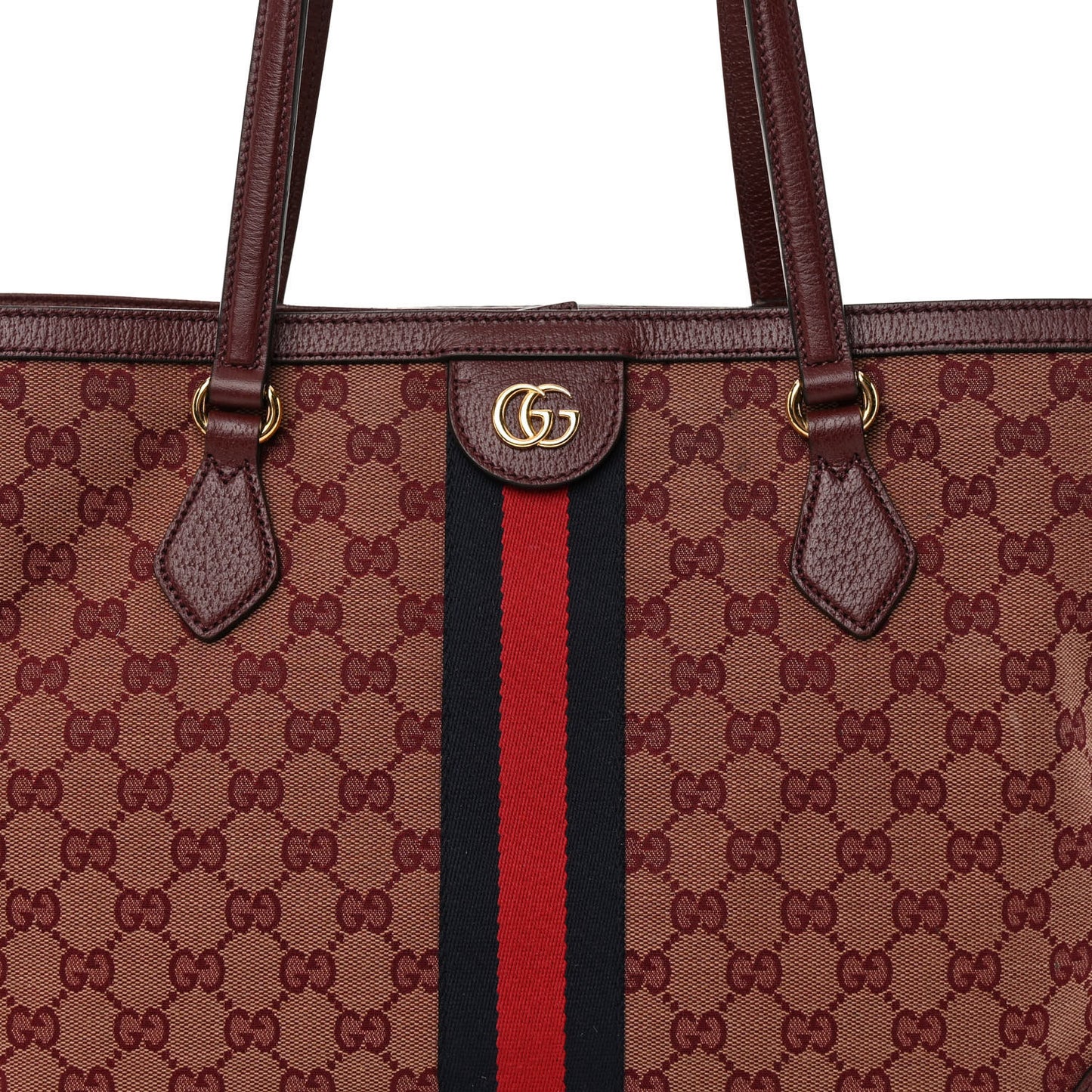 Monogram Textured Dollar Calfskin Web Medium Ophidia Shopping Tote Sahara Rubino Chardonnay