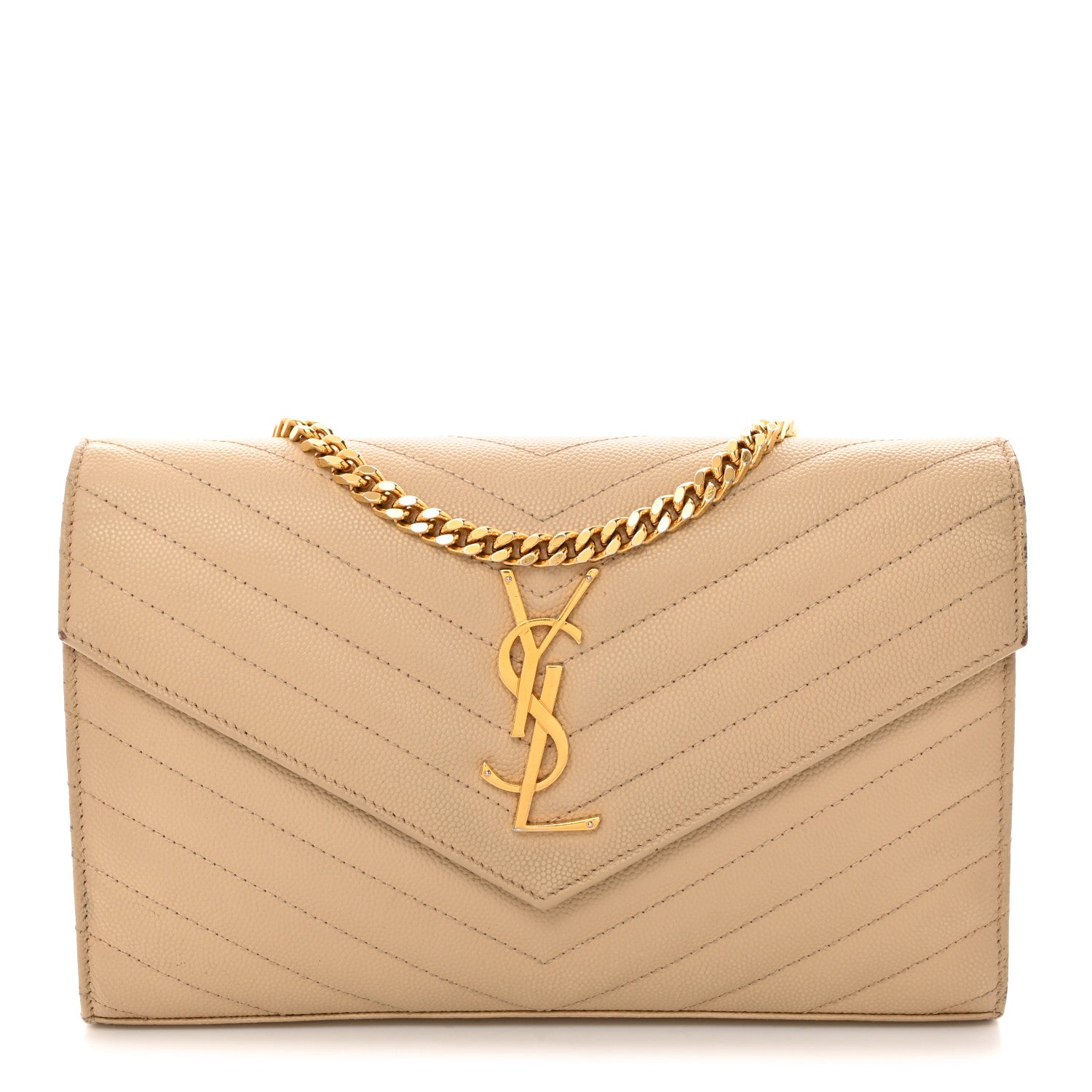Saint Laurent Grain De Poudre Matelasse Chevron Monogram Chain Wallet Deep Beige 1 of 11