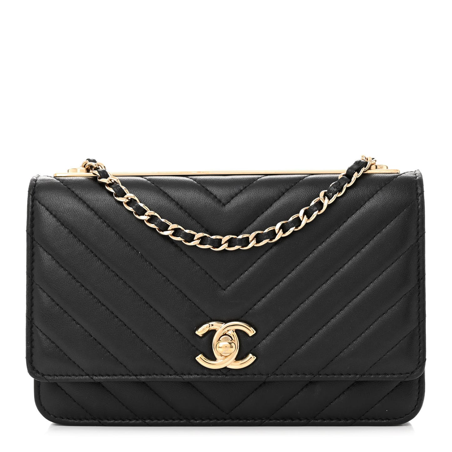 Lambskin Chevron Quilted Trendy CC Wallet On Chain WOC Black