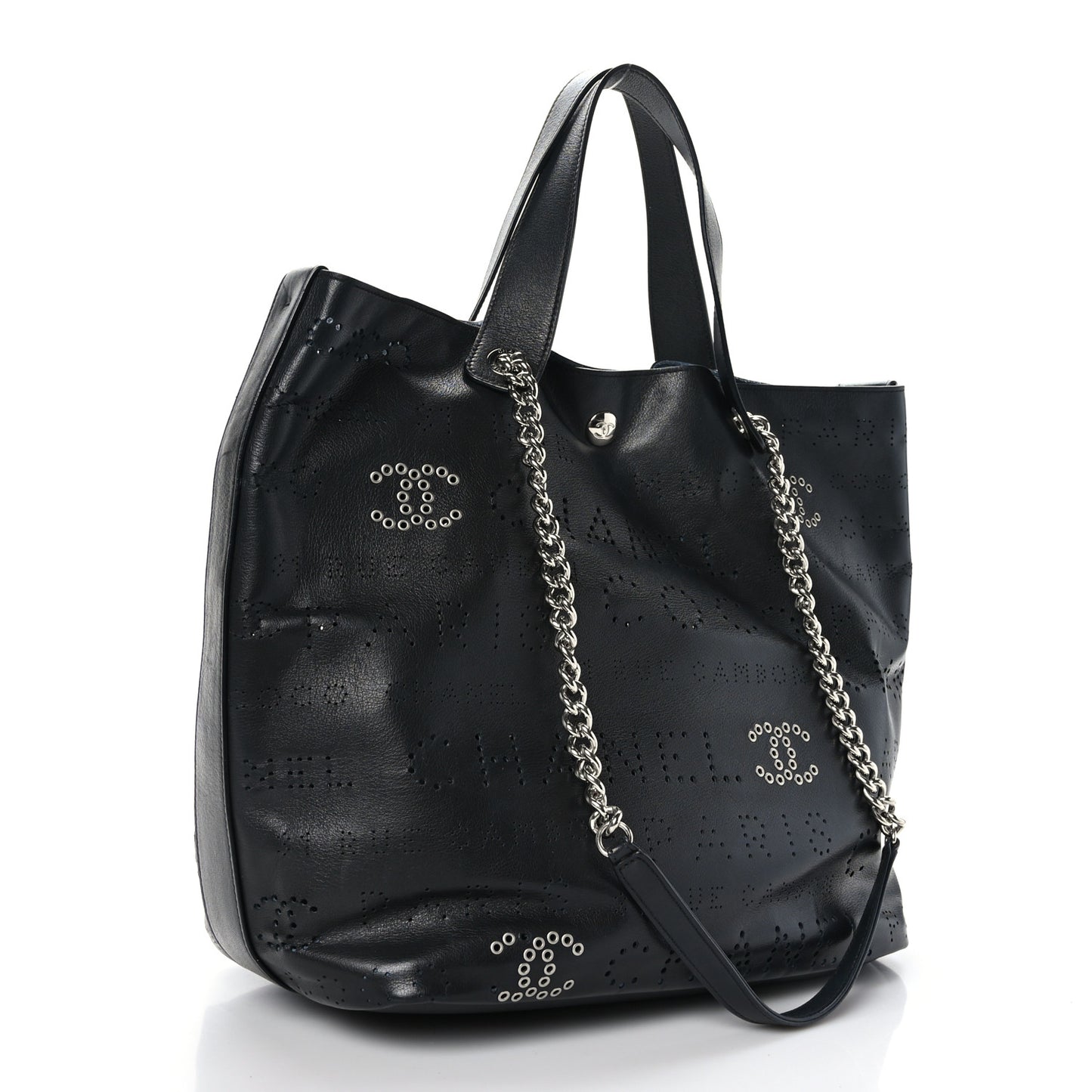 Calfskin Tweed Small Logo Eyelets Shopping Tote Black