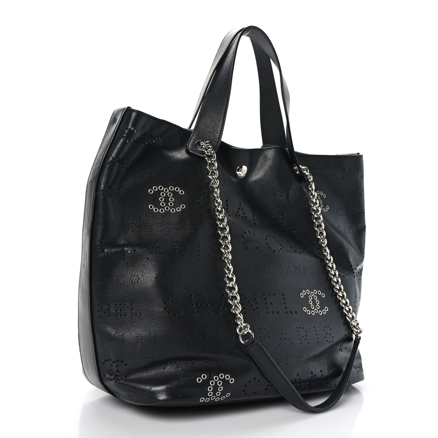Chanel Calfskin Tweed Small Logo Eyelets Shopping Tote Black 4 of 12