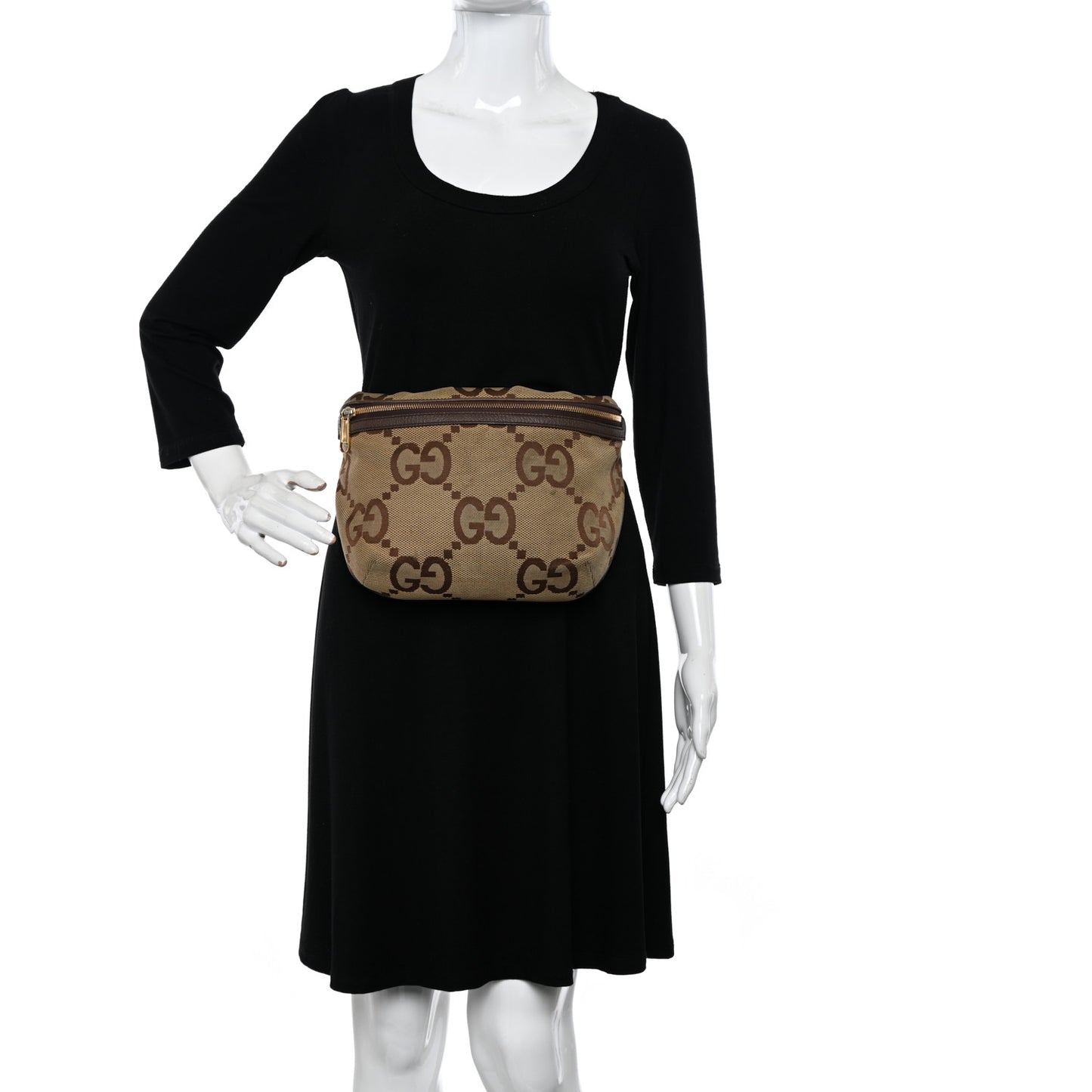 Monogram Jumbo GG Textured Dollar Calfskin Web Belt Bag Camel Ebony New Acero