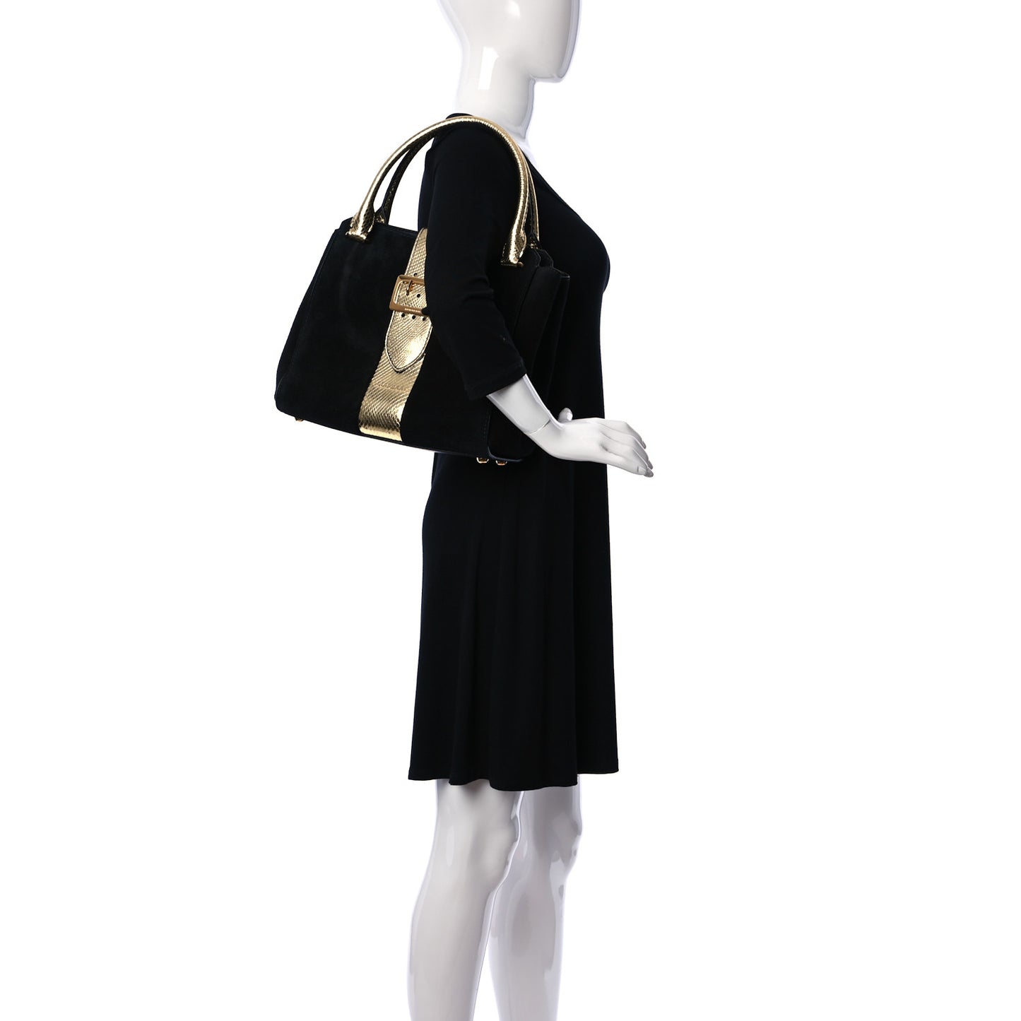 Suede Calfskin Watersnake Medium Buckle Tote Black Gold