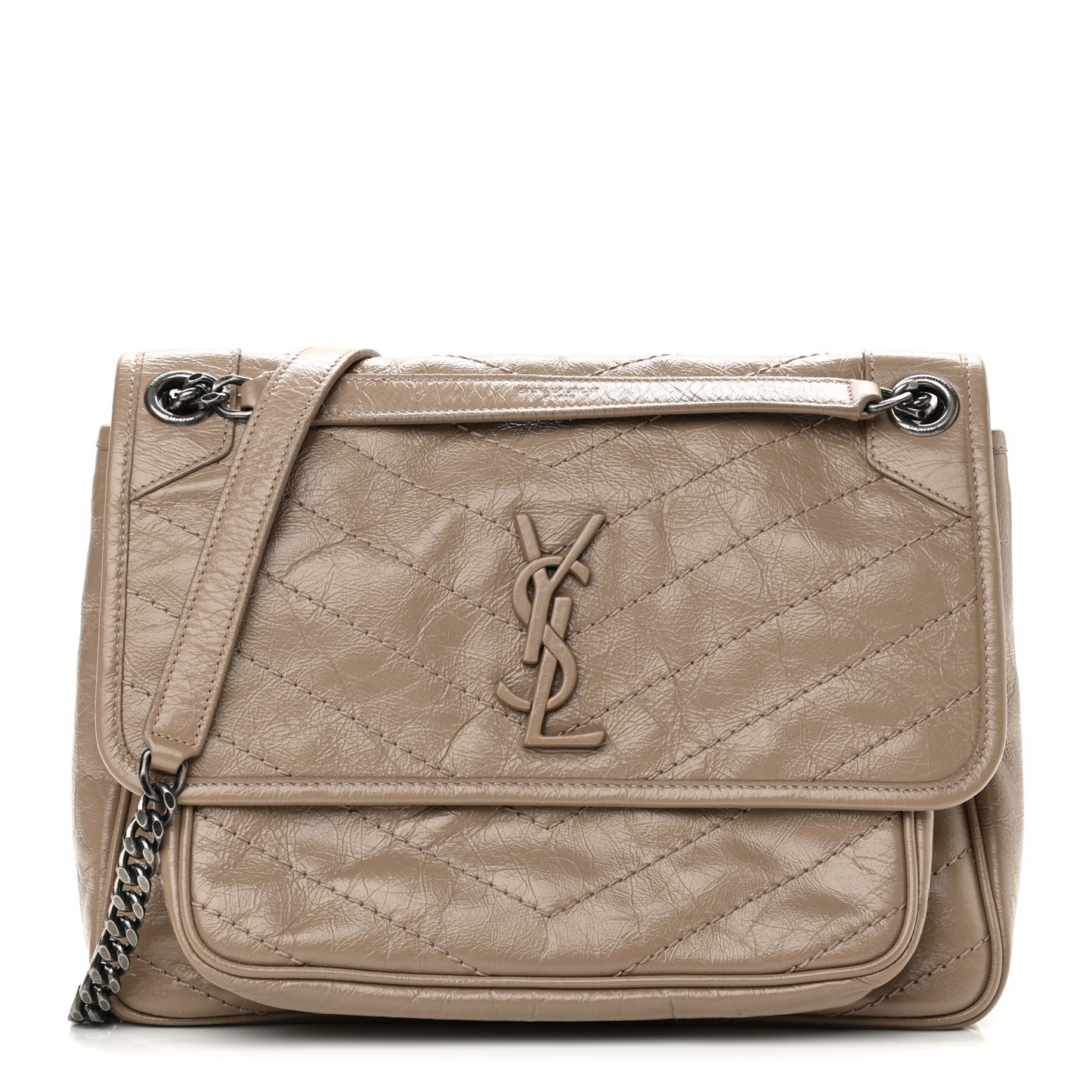 Crinkled Calfskin Matelasse Monogram Medium Niki Chain Satchel Light Natural
