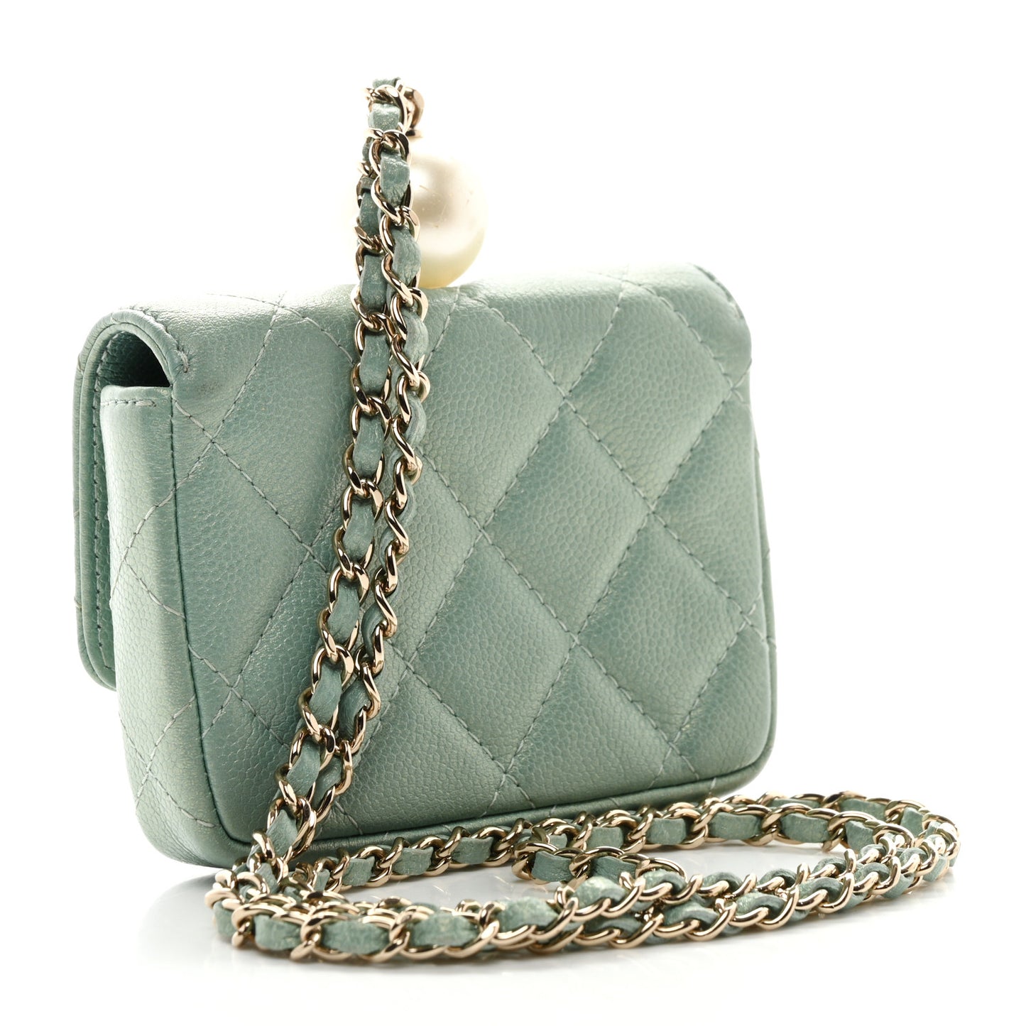 Iridescent Caviar Quilted Pearl On Top Coin Purse With Chain Light Green