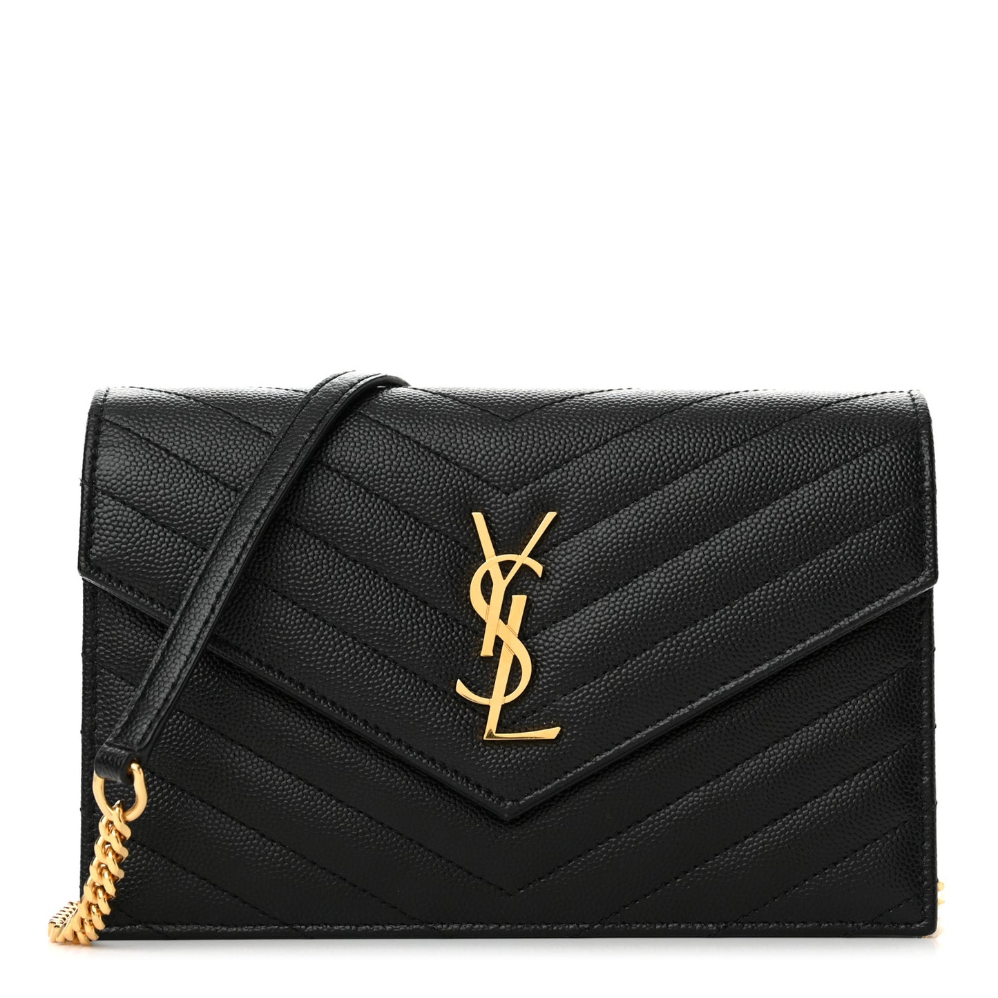 Grain De Poudre Matelasse Chevron Monogram Envelope Chain Wallet Black