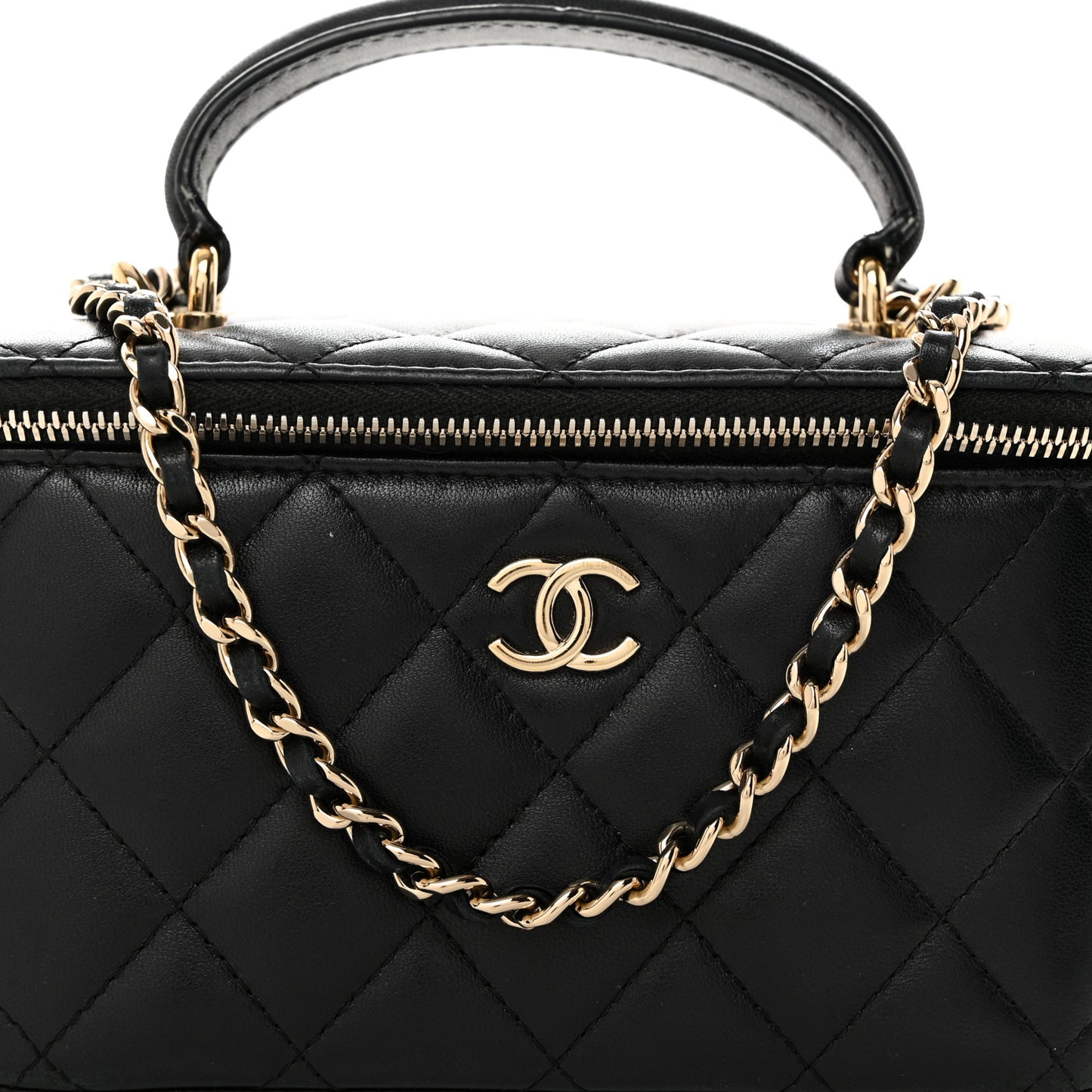 Lambskin Quilted Small Top Handle Vanity Case With Chain Black