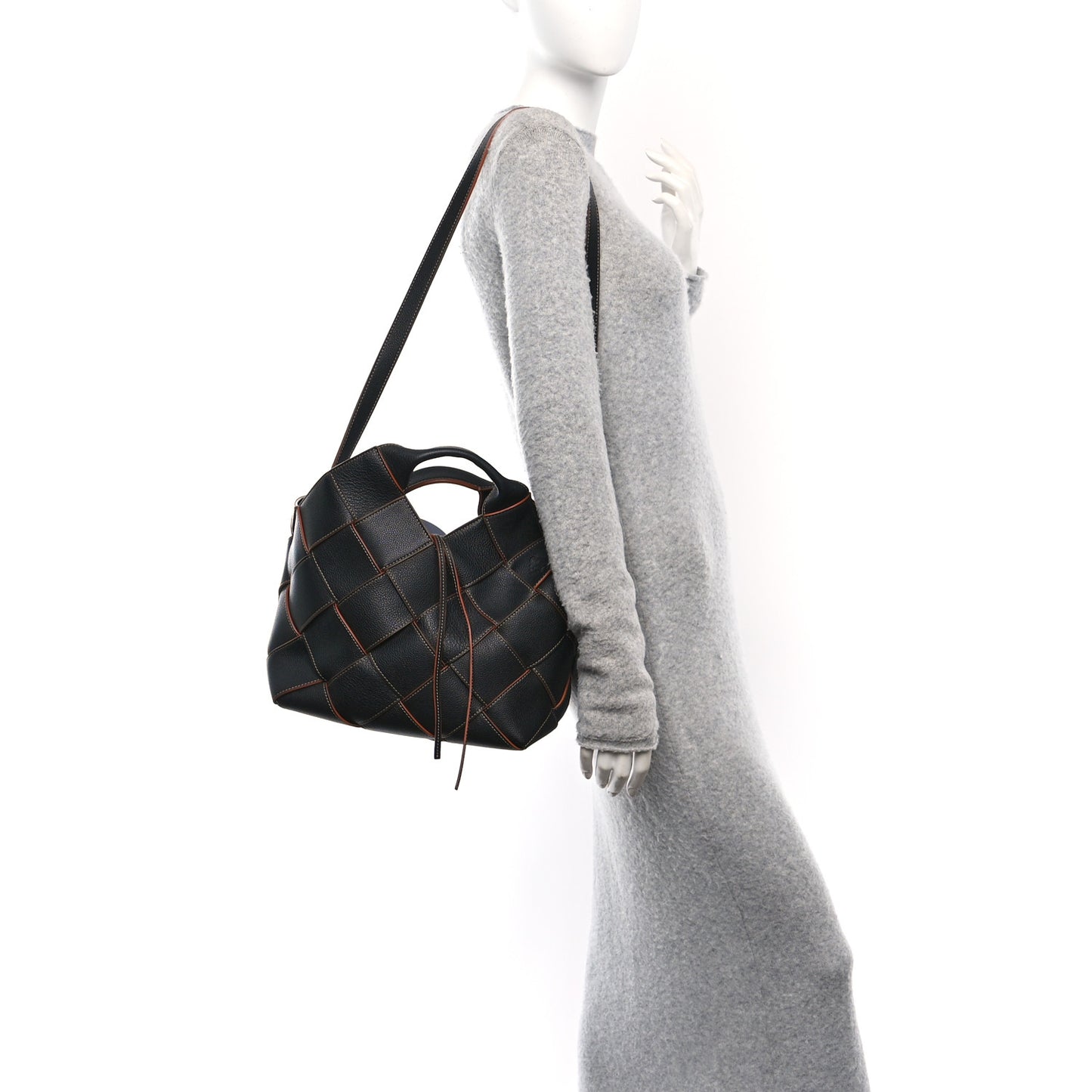 Soft Grained Calfskin Woven Basket Bag Black Tan