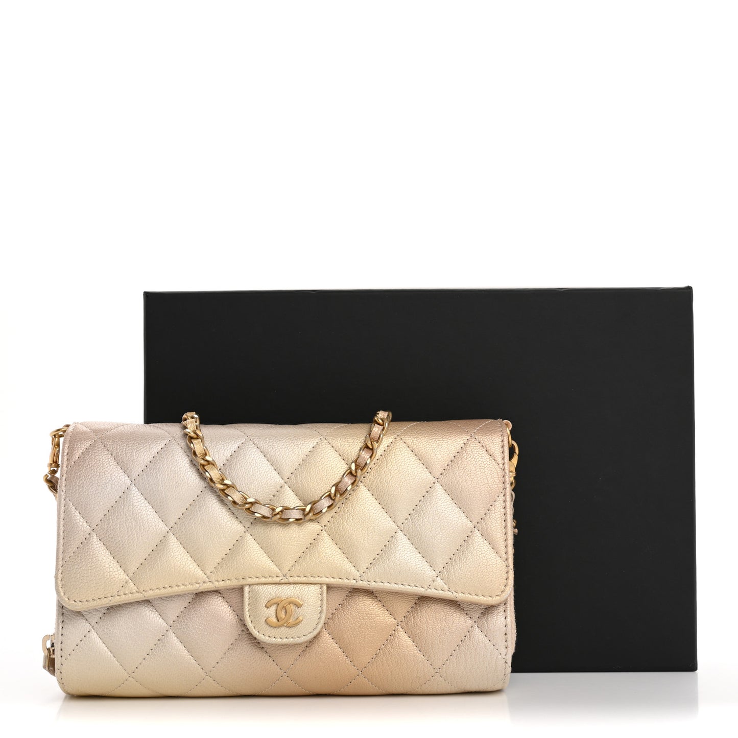 Metallic Goatskin Quilted Phone Holder Wallet on Removable Chain Gold