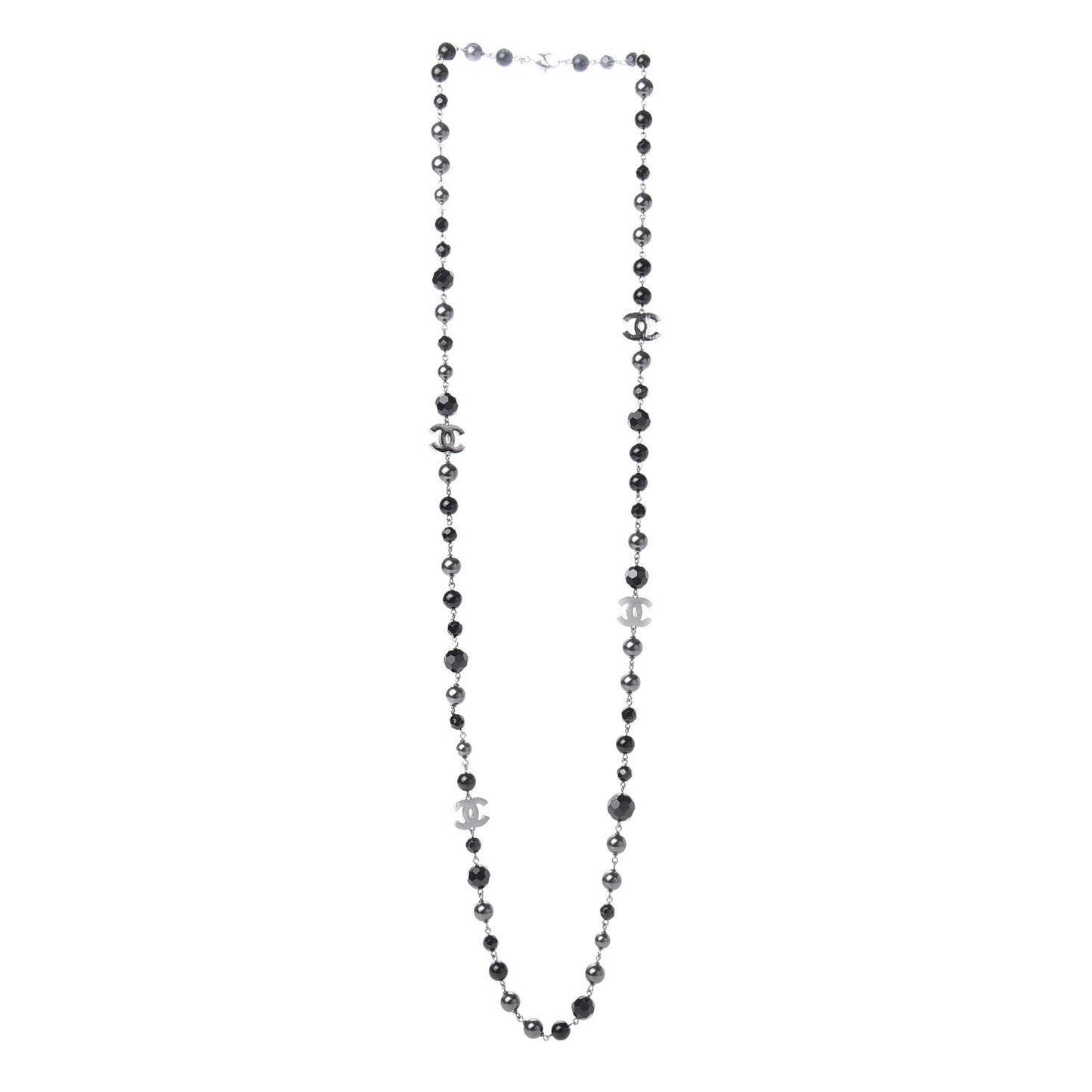 Ruthenium Pearl Beaded CC Long Necklace Black