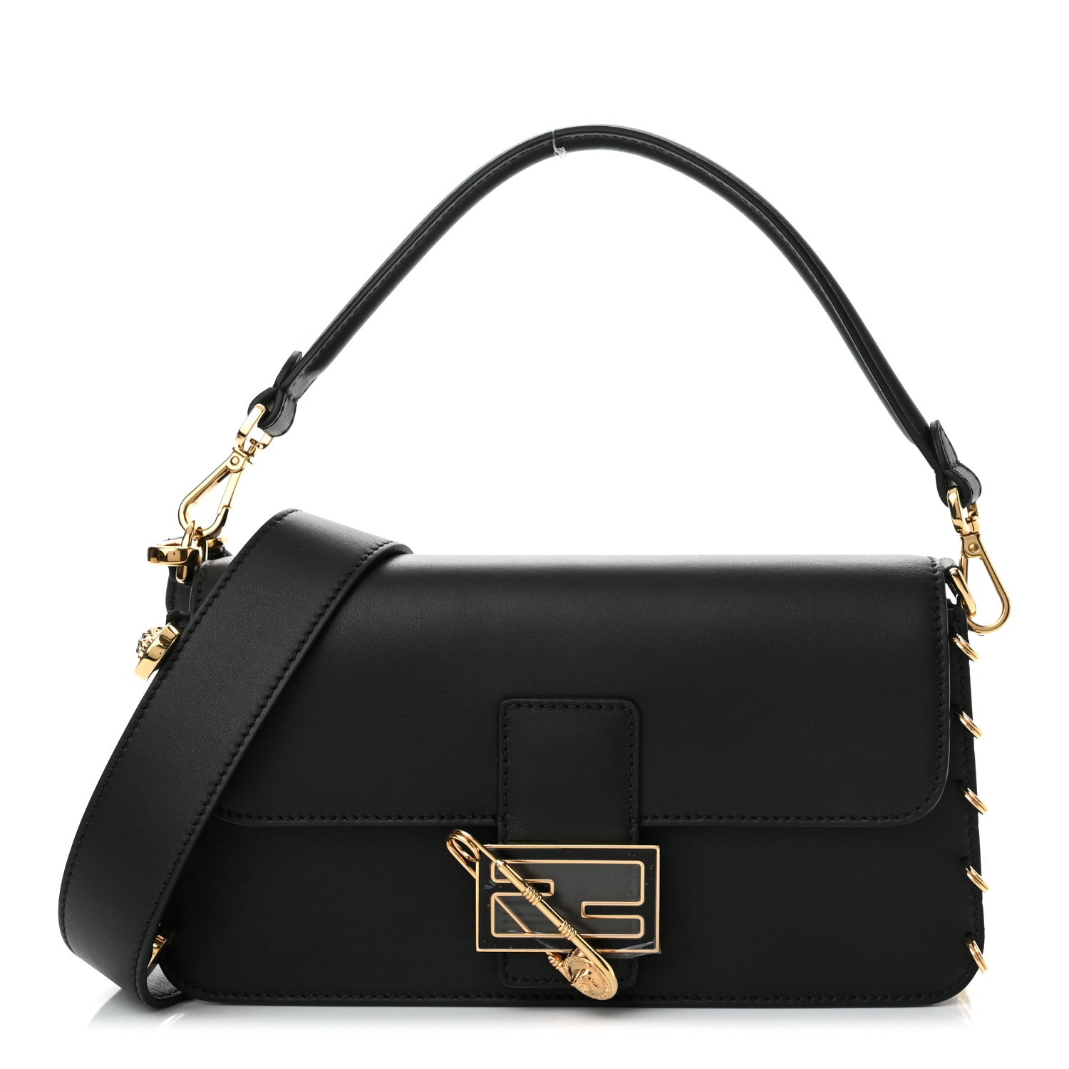 Fendi X VERSACE Vitello Seta Fendace Brooch Baguette Black 1257836